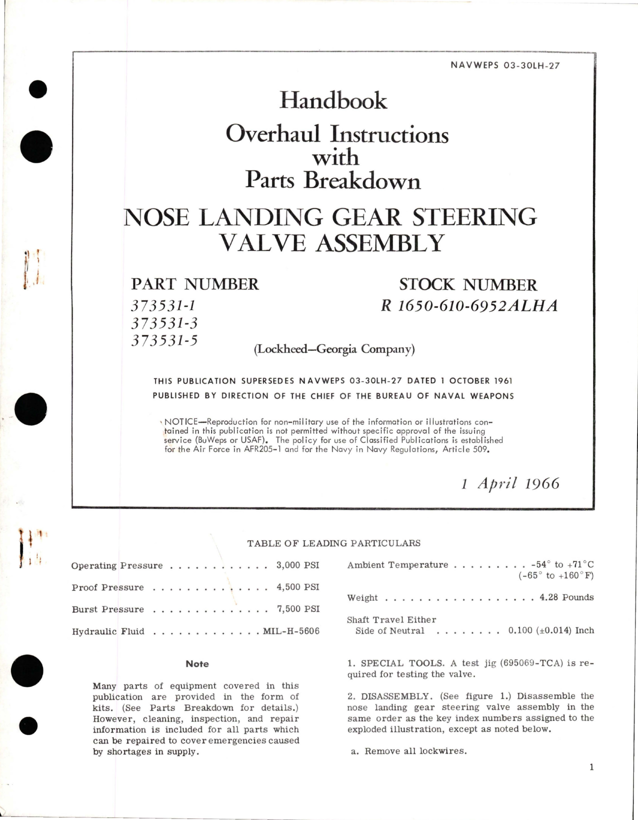 Sample page 1 from AirCorps Library document: Overhaul Instructions with Parts Breakdown for Nose Landing Gear Steering Valve Assembly - Parts 373531-1, 373531-3, and 373531-5