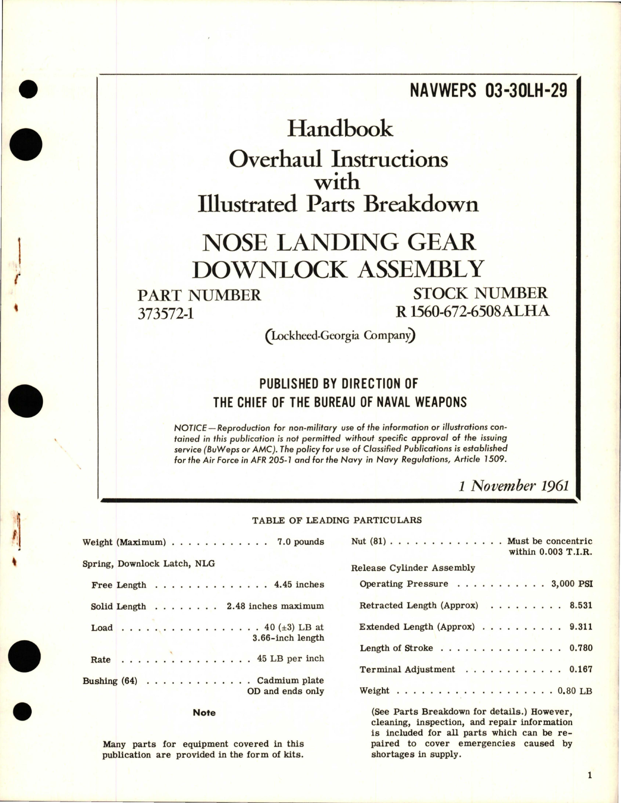 Sample page 1 from AirCorps Library document: Overhaul Instructions with Illustrated Parts for Nose Landing Gear Downlock Assy - Part 373572-1