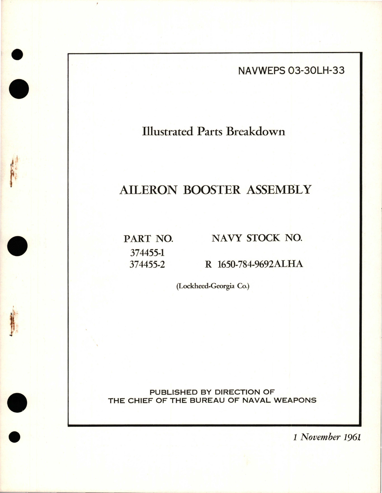 Sample page 1 from AirCorps Library document: Illustrated Parts Breakdown for Aileron Booster Assembly - Parts 374455-1 and 374455-2
