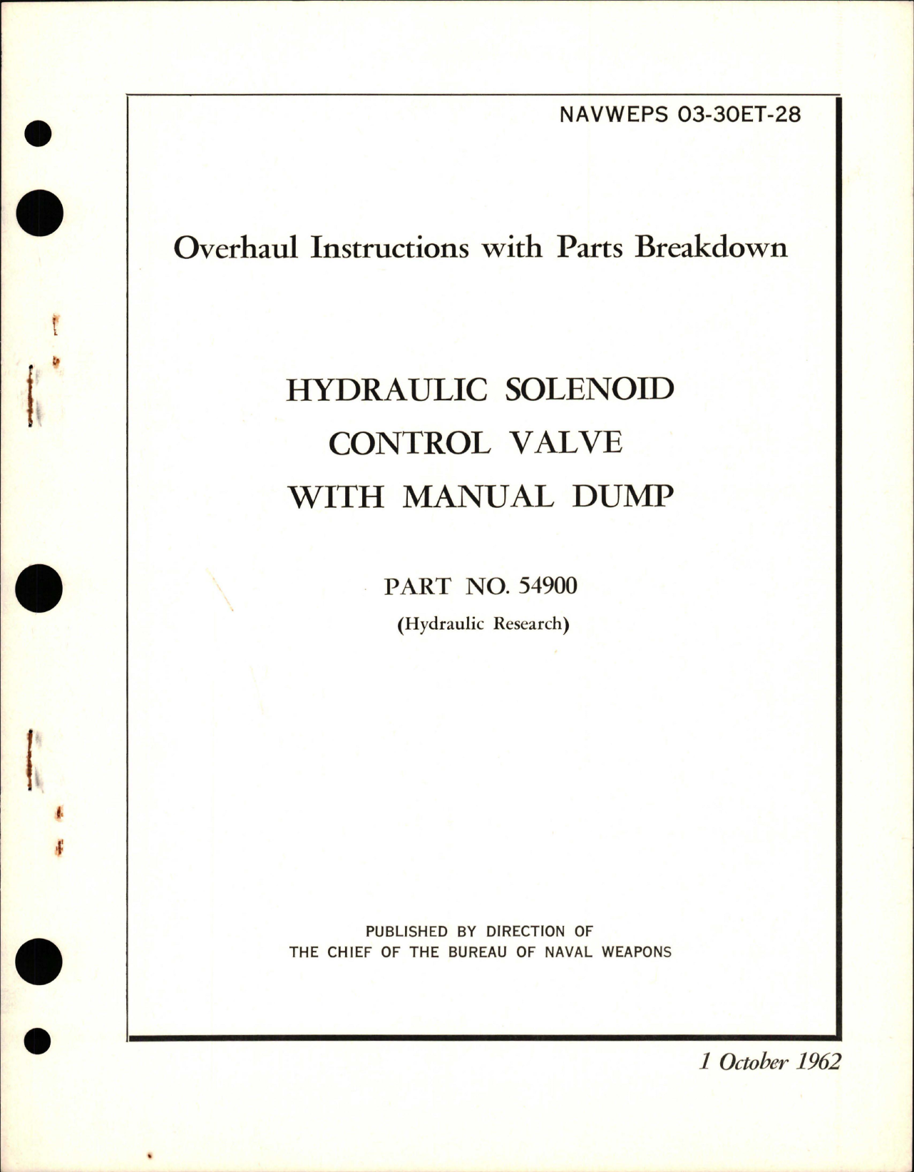 Sample page 1 from AirCorps Library document: Overhaul Instructions with Parts Breakdown for Hydraulic Solenoid Control Valve w Manual Dump - Part 54900
