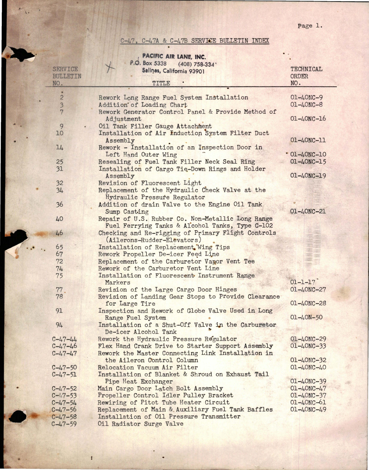 Sample page 1 from AirCorps Library document: Service Bulletin Index for C-47, C-47A & C-47B