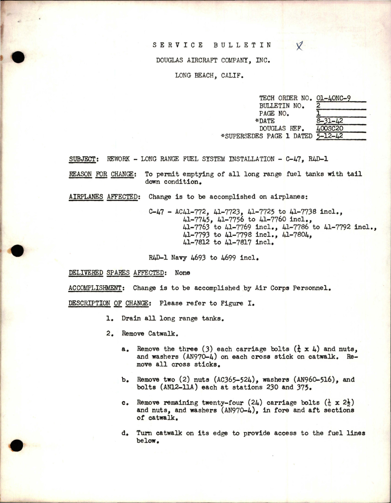 Sample page 1 from AirCorps Library document: Rework of Long Range Fuel System Installation