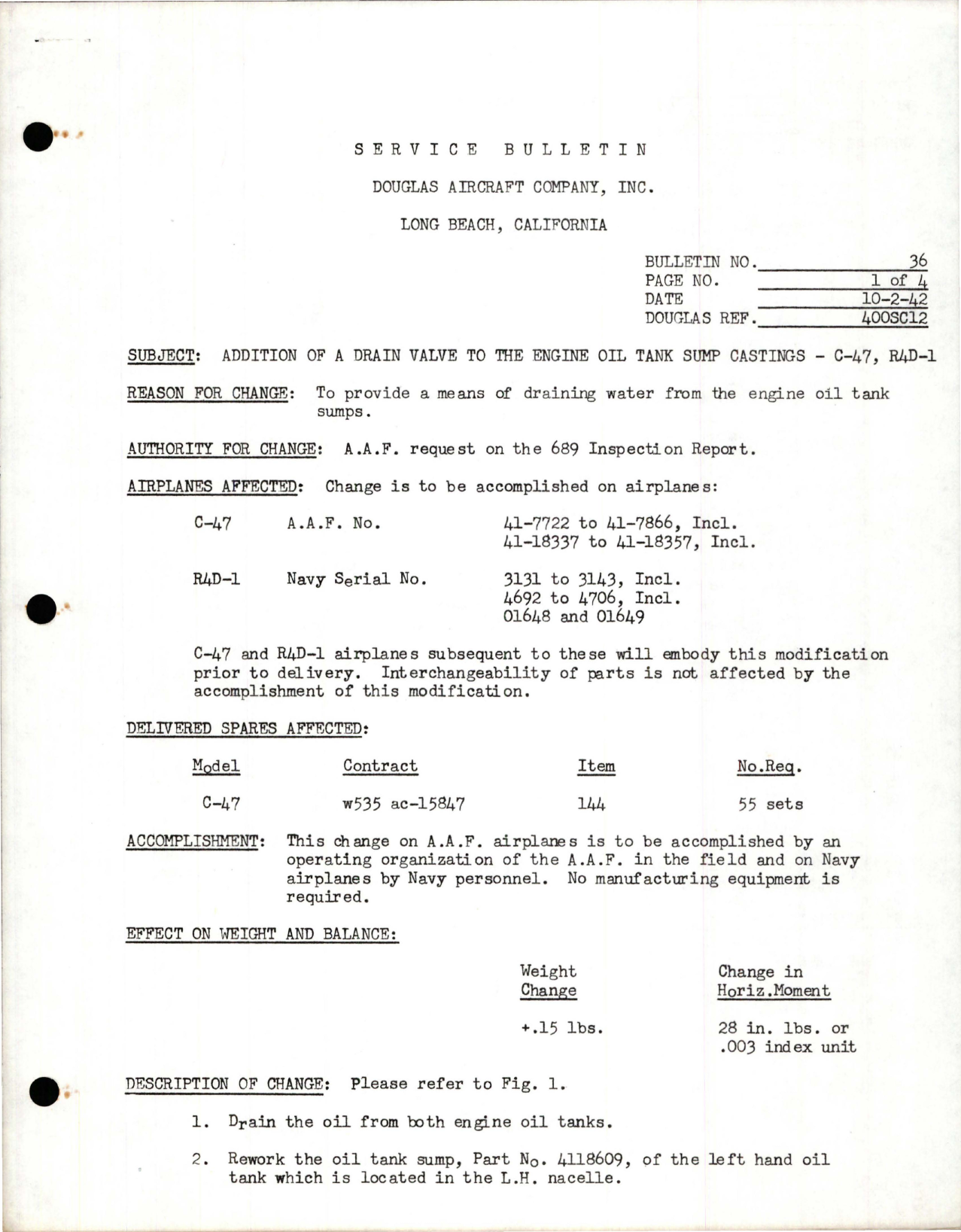 Sample page 1 from AirCorps Library document: Addition of a Drain Valve to the Engine Oil Tank Sump Castings