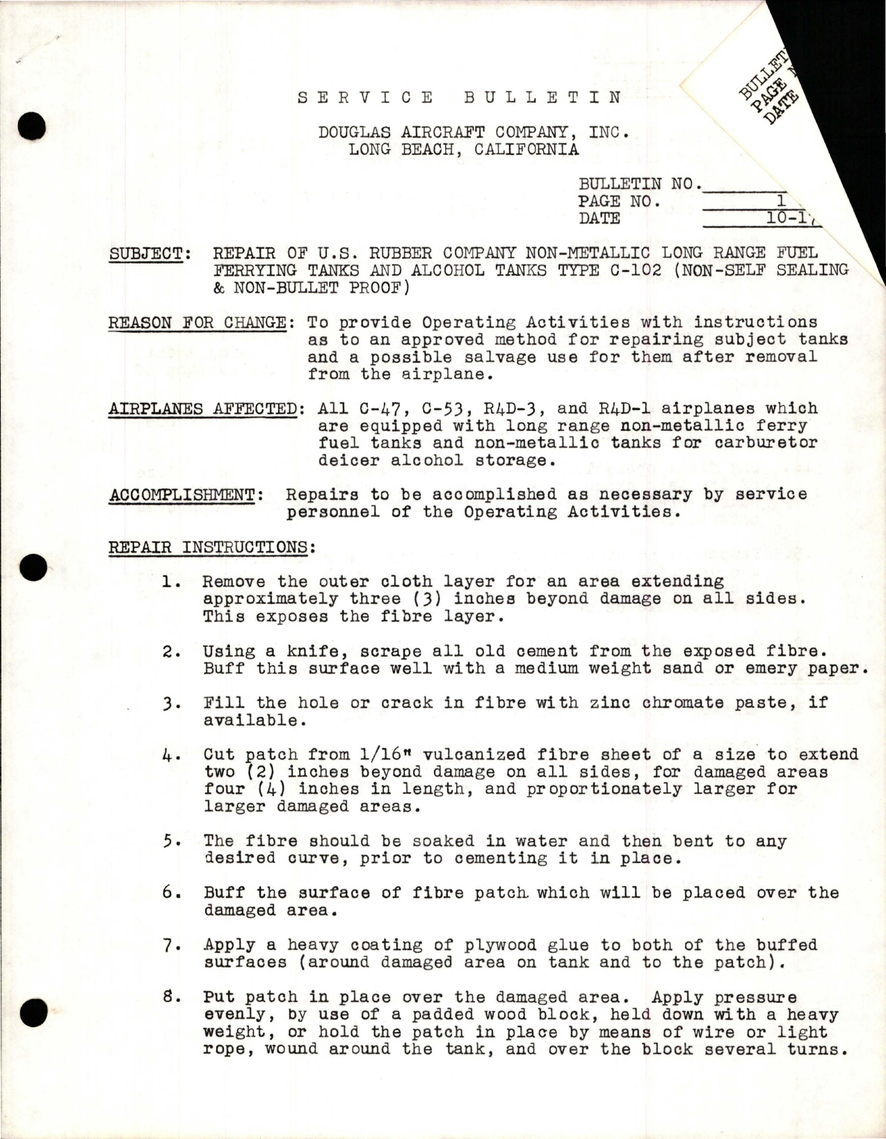 Sample page 1 from AirCorps Library document: Repair of US Rubber Co Non-Metallic Long Range Fuel Ferrying Tanks and Alcohol Tanks Type C-102 (Non-Self Sealing & Non-Bullet Proof) 