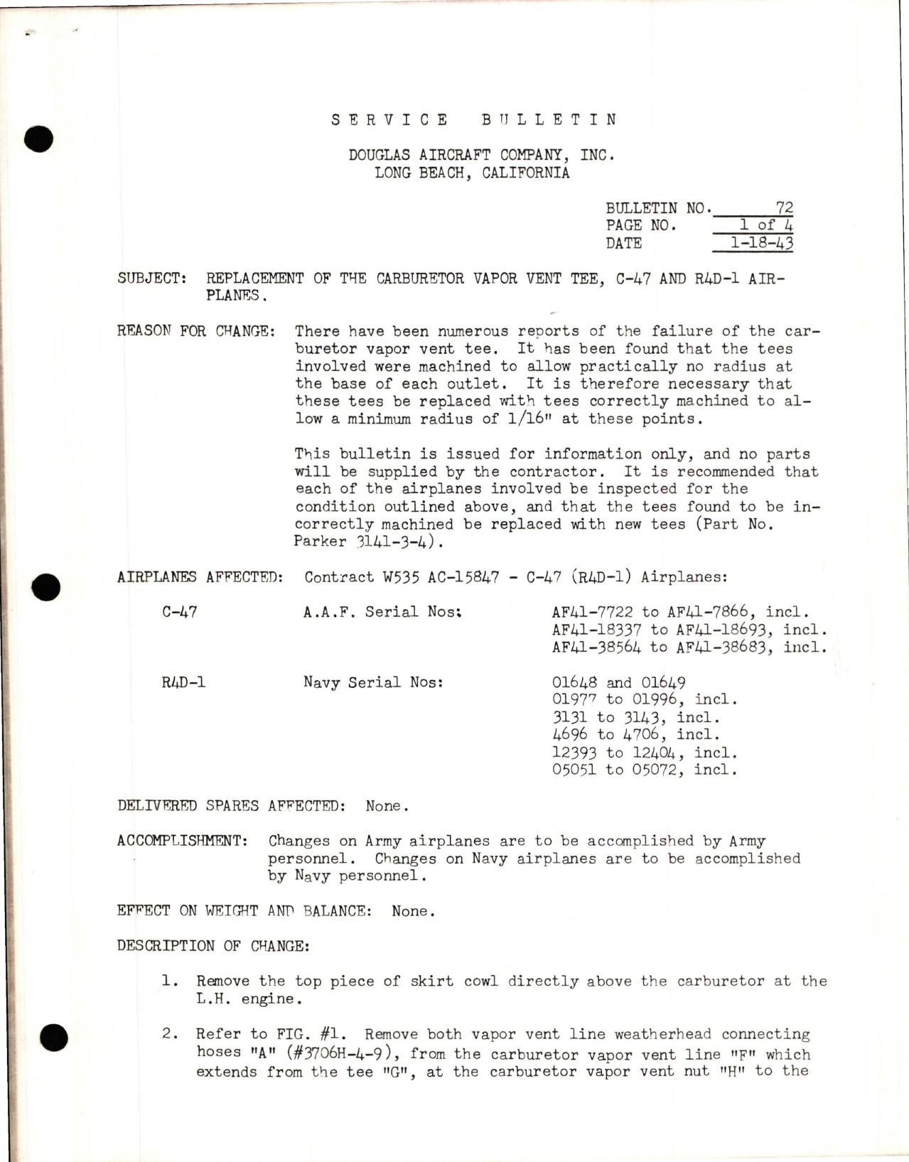 Sample page 1 from AirCorps Library document: Replacement of the Carburetor Vapor Vent Tee