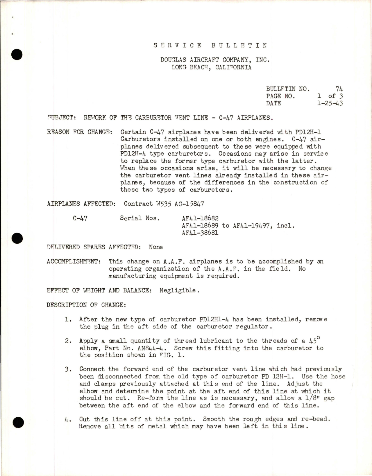 Sample page 1 from AirCorps Library document: Rework of the Carburetor Vent Line
