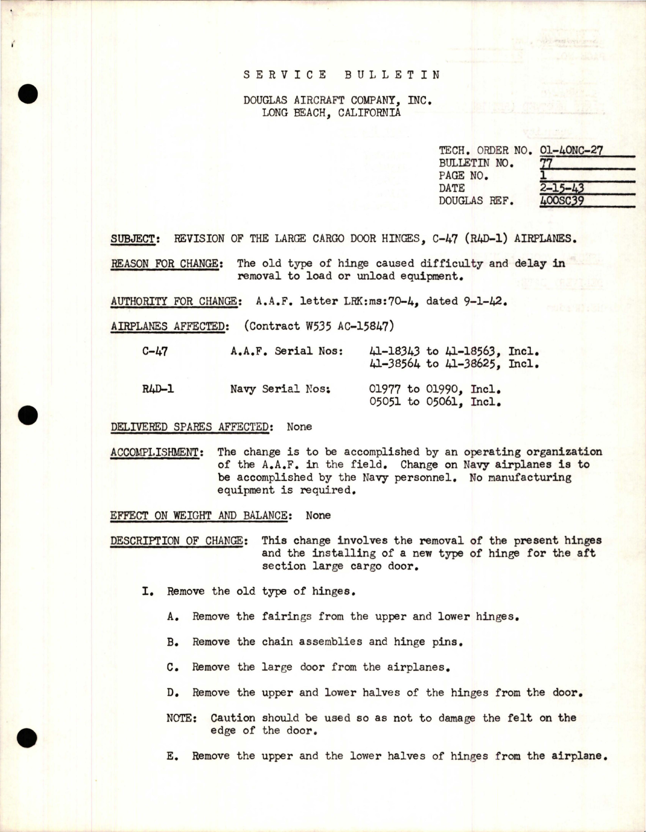 Sample page 1 from AirCorps Library document: Revision of the Large Cargo Door Hinges