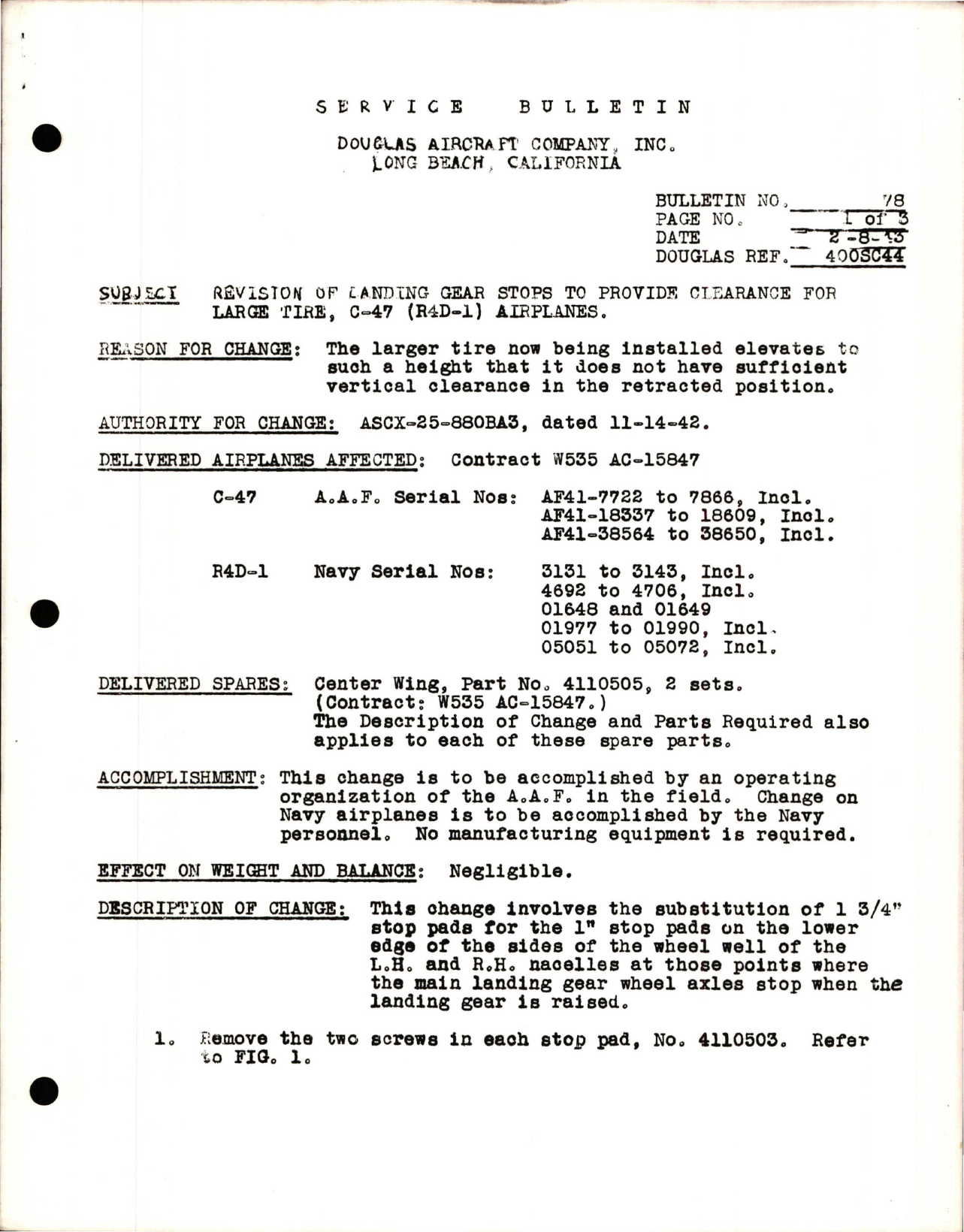 Sample page 1 from AirCorps Library document: Revision of Landing Gear Stops to Provide Clearance for Large Tire