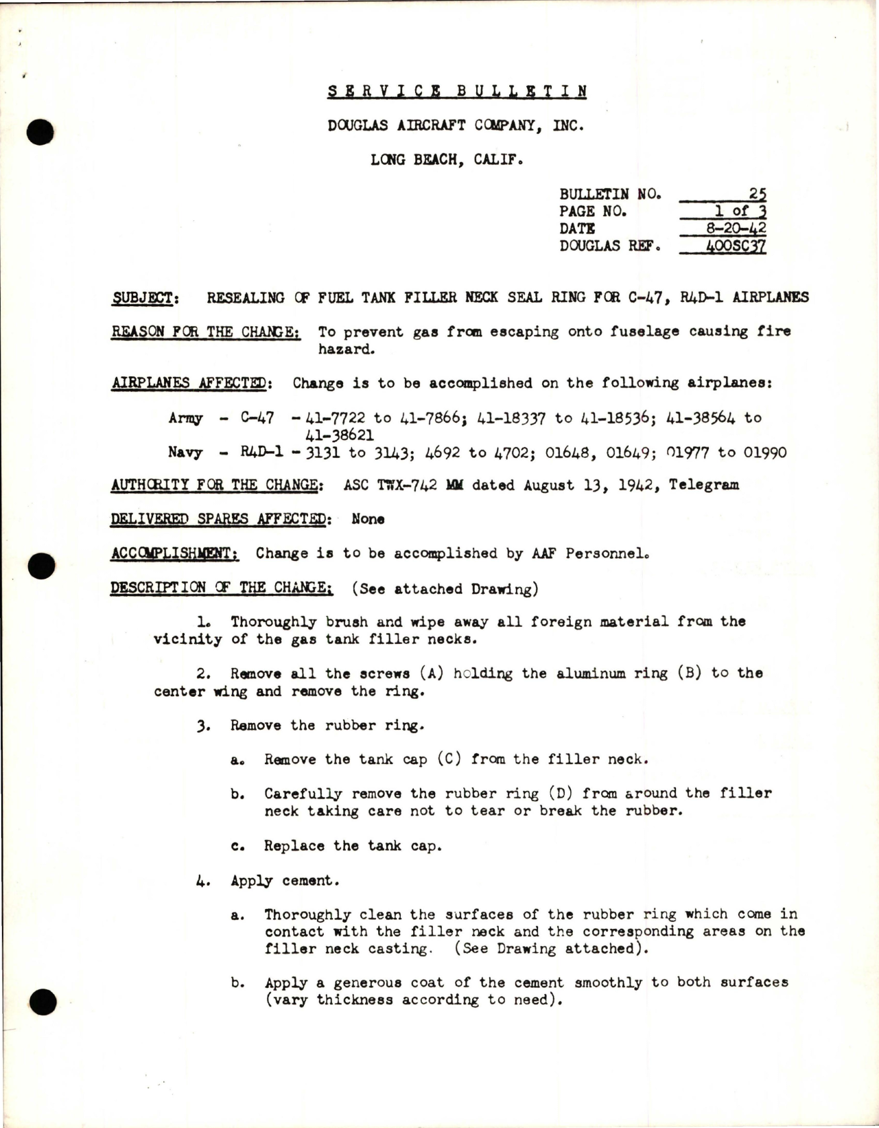 Sample page 1 from AirCorps Library document: Resealing of Fuel Tank Filler Neck Seal Ring for C-47 and R4D-1
