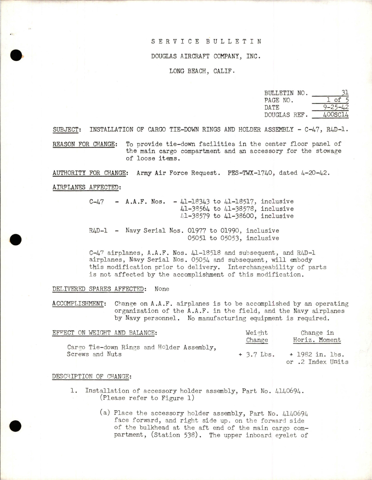 Sample page 1 from AirCorps Library document: Installation of Cargo Tie-Down Rings & Holder Assembly