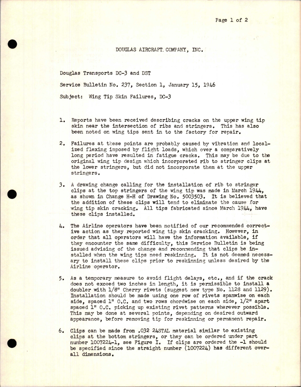 Sample page 1 from AirCorps Library document: Wing Tip Skin Failures, DC-3