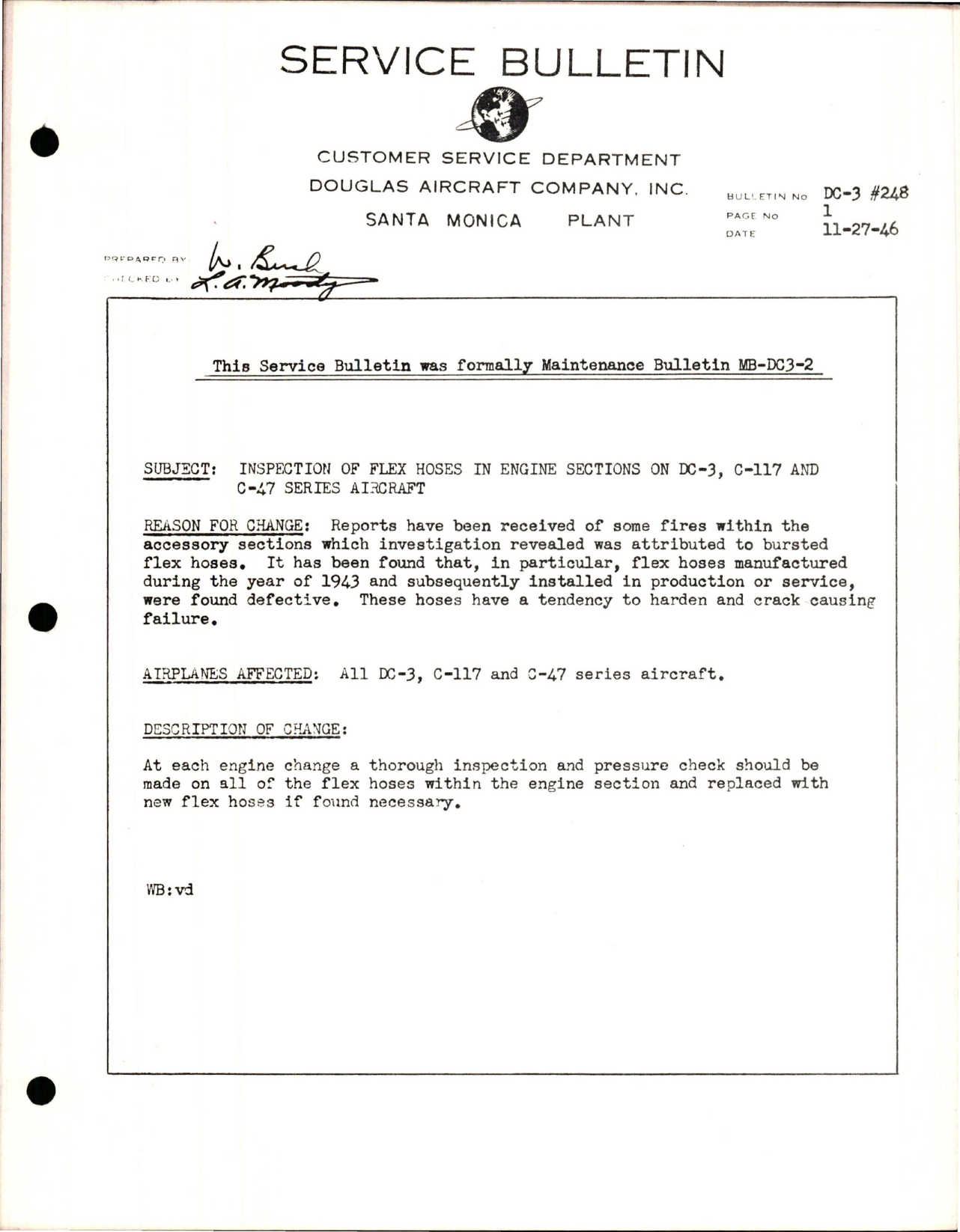 Sample page 1 from AirCorps Library document: Inspection of Flex Hoses in Engine Sections on DC-3, C-47 & C117