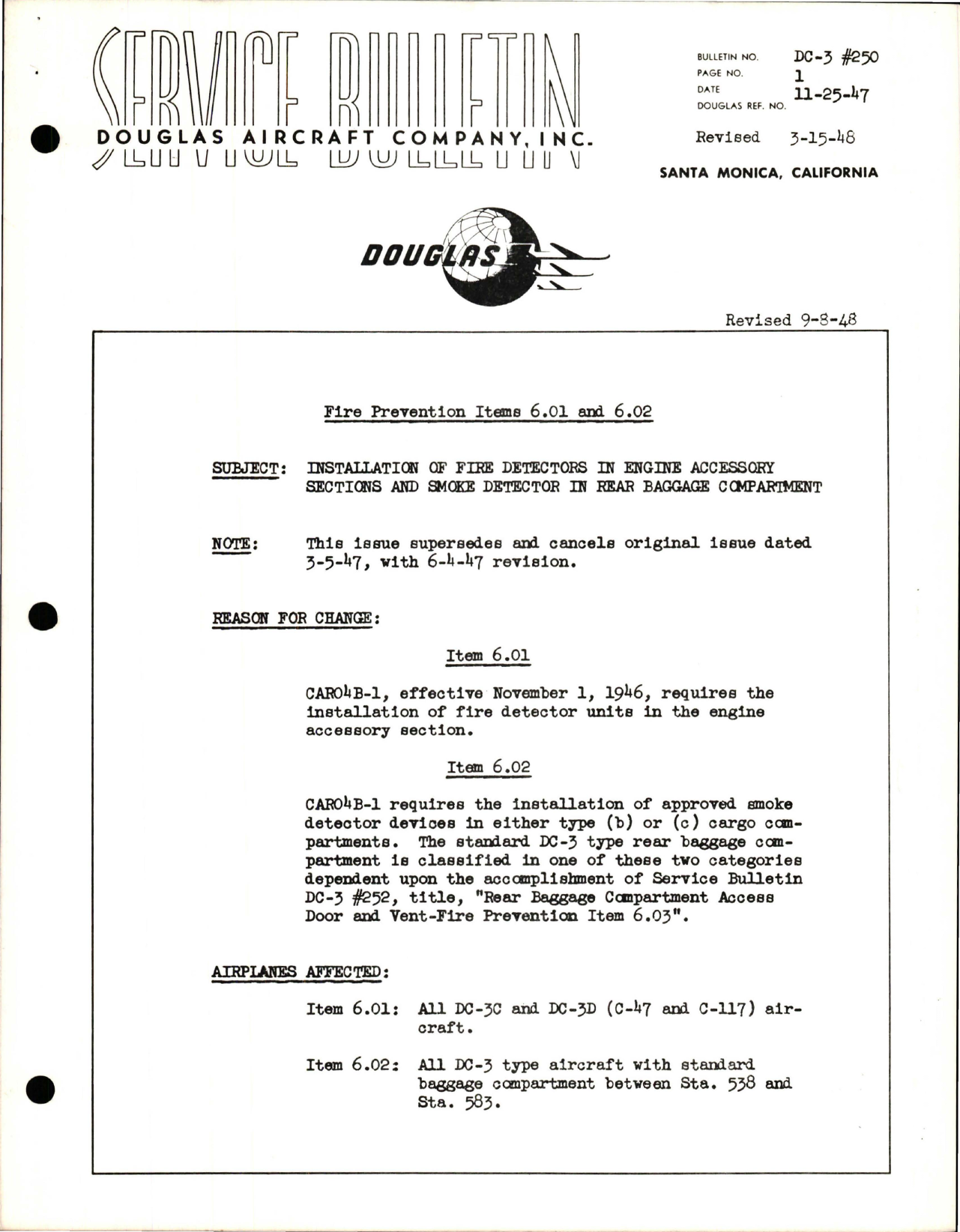 Sample page 1 from AirCorps Library document: Installation of Fire Detectors in Engine Accessory Sections & Smoke Detector in Rear Baggage Compartment