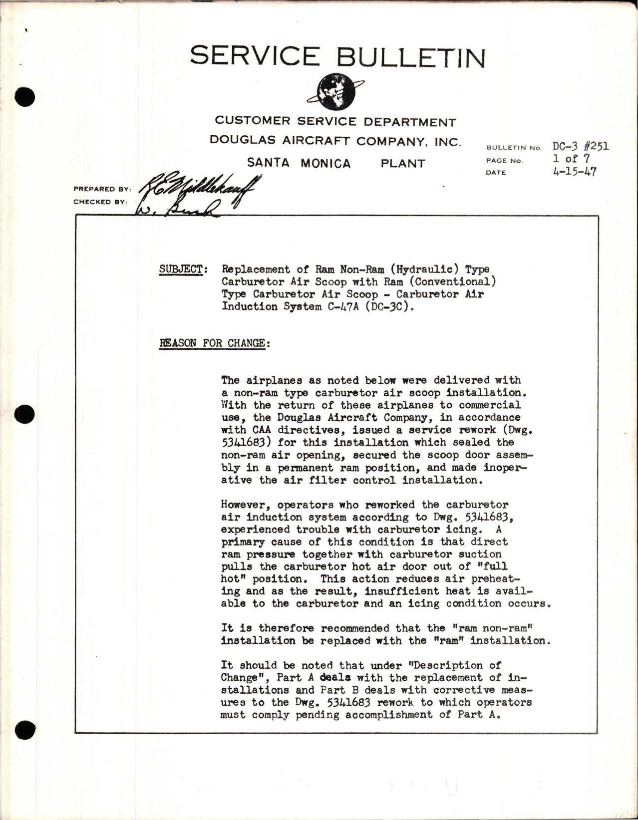 Sample page 1 from AirCorps Library document: Replacement of Ram Non-Ram (Hydraulic) Type Carburetor Air Scoop with Ram (Conventional) Type Carburetor Air Scoop