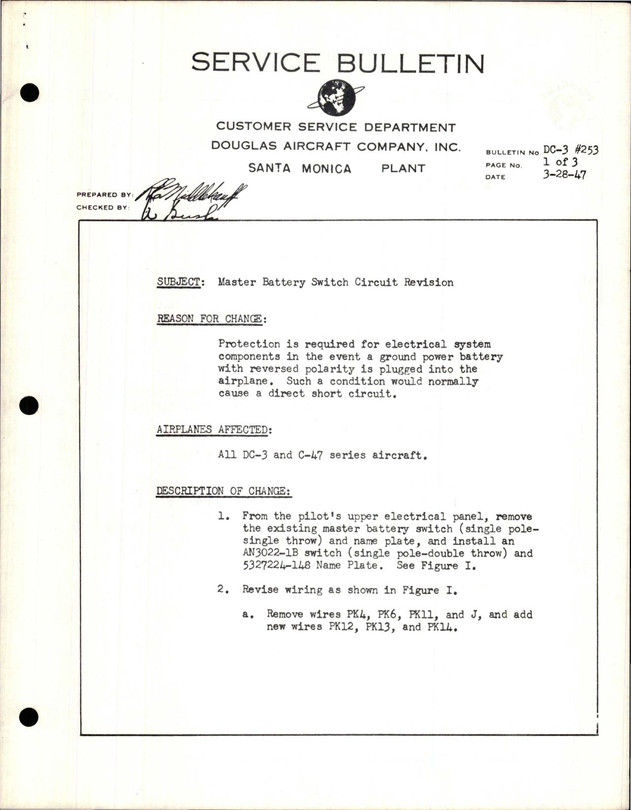 Sample page 1 from AirCorps Library document: Master Battery Switch Circuit Revision