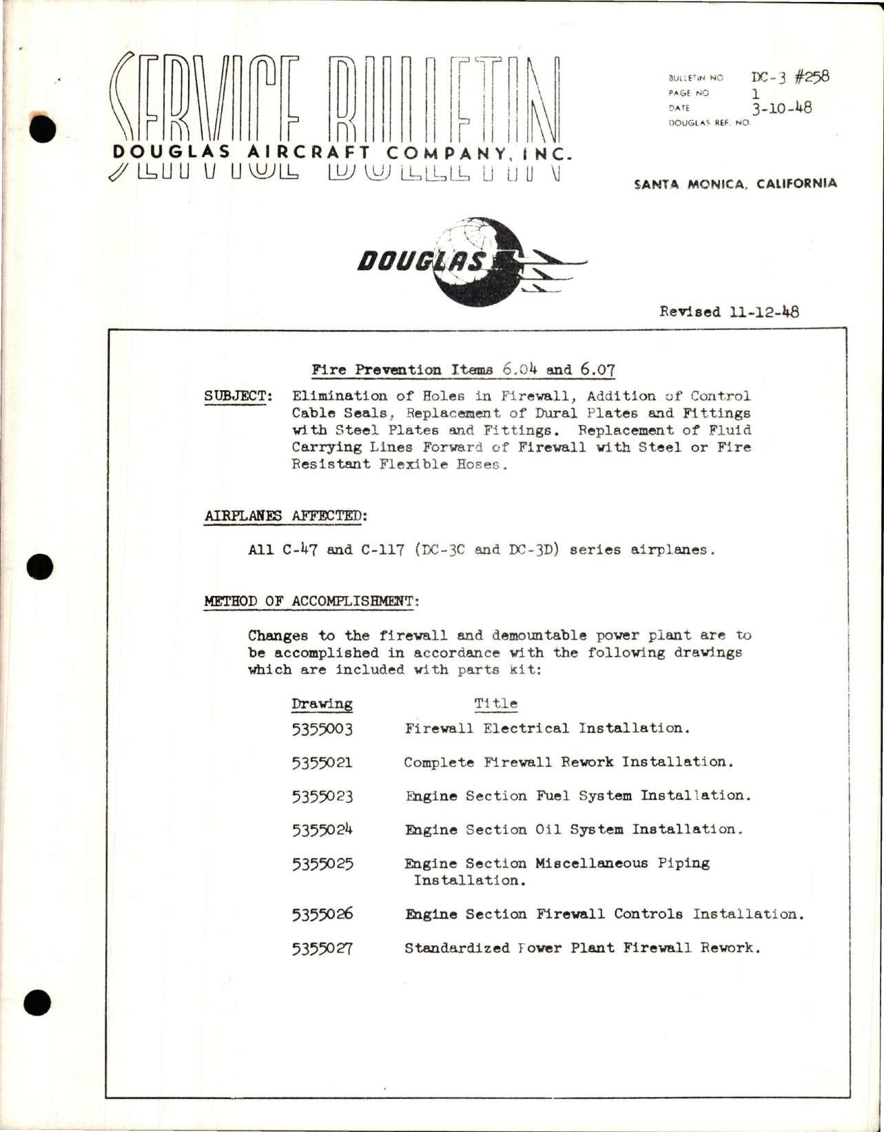 Sample page 1 from AirCorps Library document: Elimination of Holes in Firewall, Addition of Control Cable Seals - Replacement of Dural Plates & Fittings w Steel Plates & Fittings