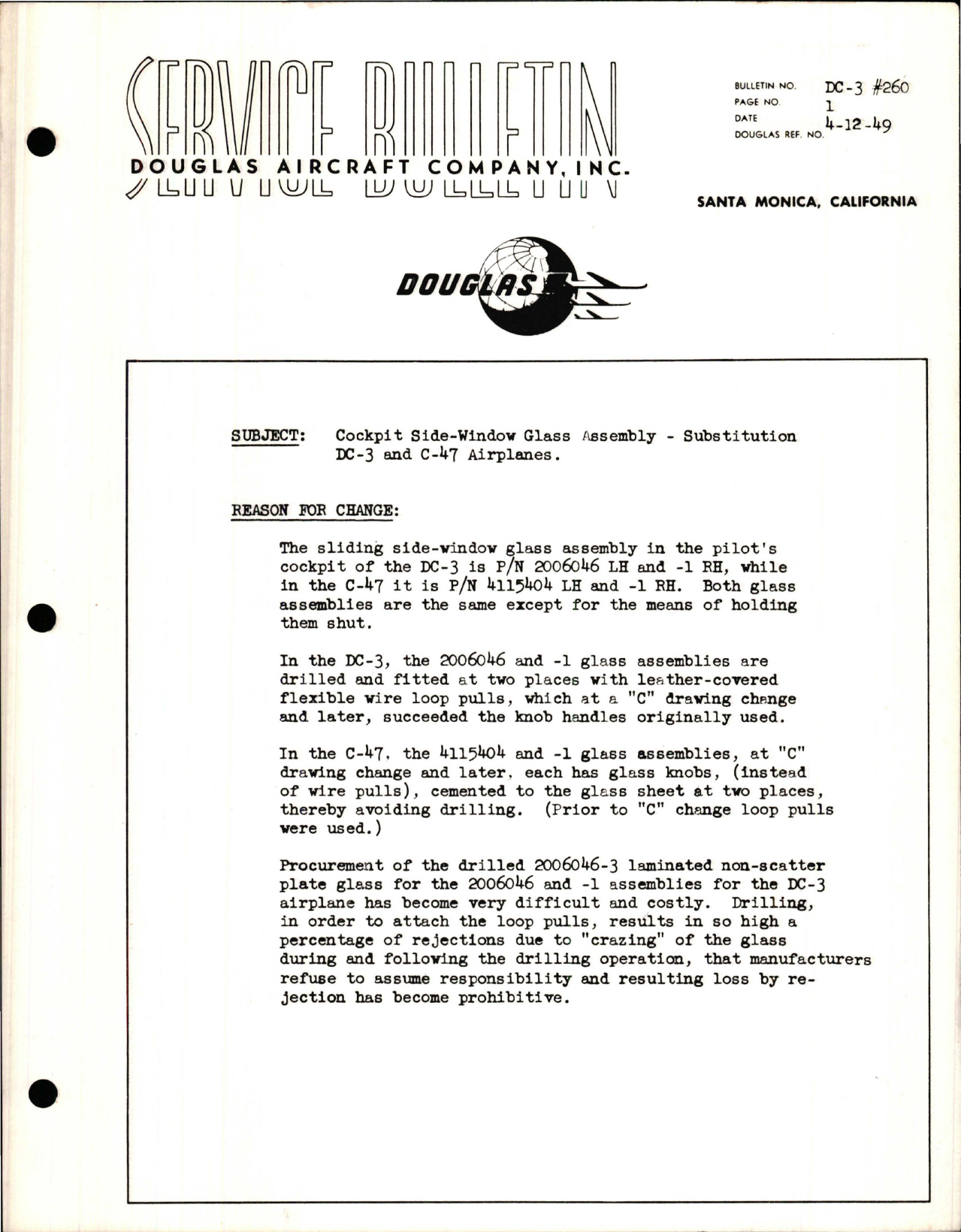 Sample page 1 from AirCorps Library document: Cockpit Side-Window Glass Assembly - Substitution DC-3 and C-47