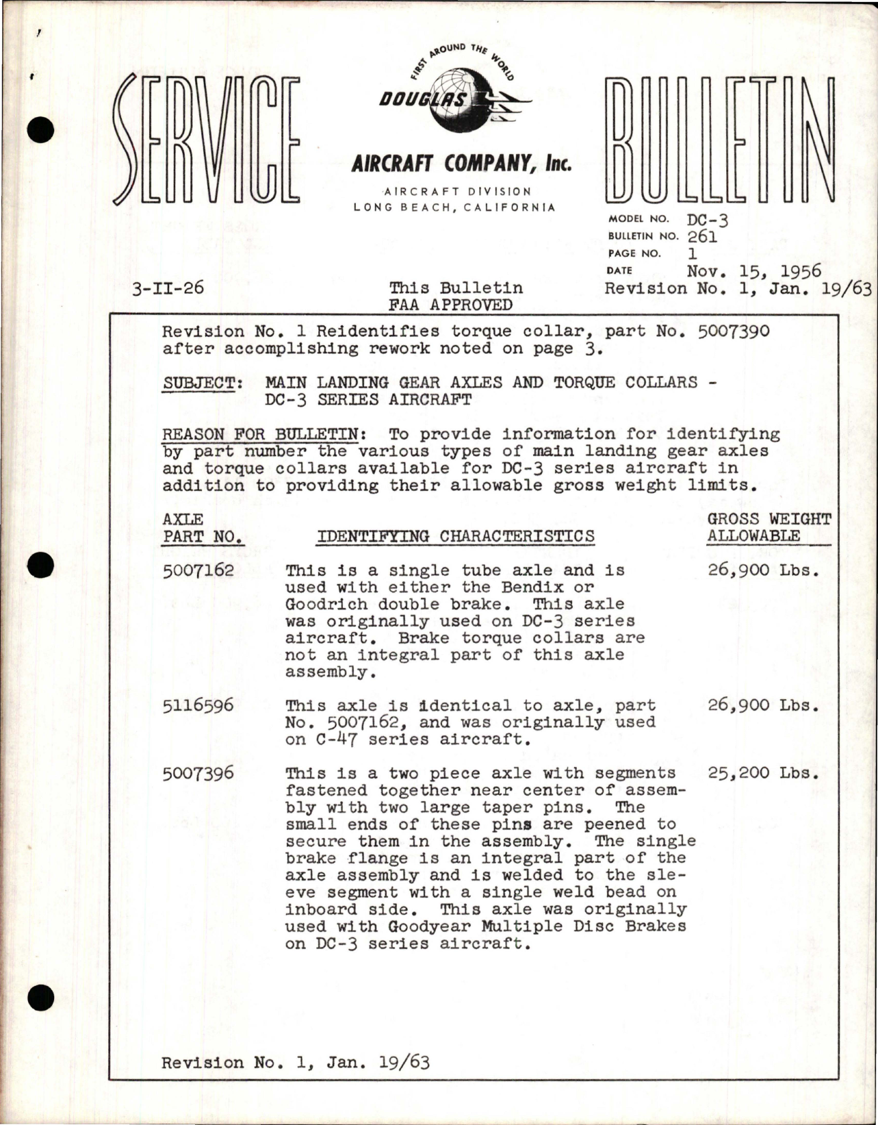 Sample page 1 from AirCorps Library document: Main Landing Gear Axles and Torque Collars DC-3