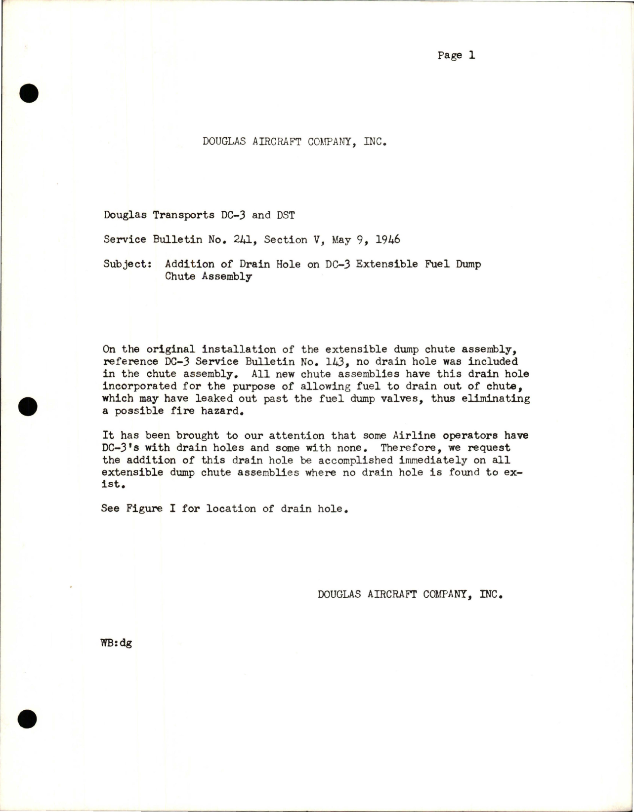 Sample page 1 from AirCorps Library document: Addition of Drain Hole on DC-3 Extensible Fuel Dump Chute Assembly