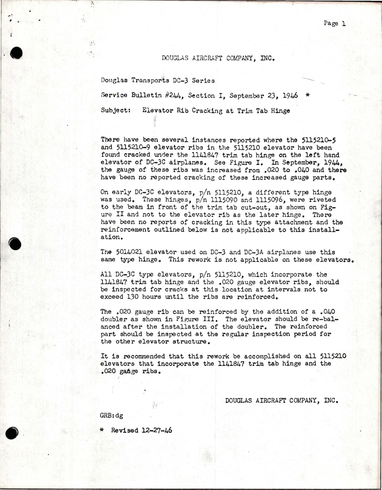 Sample page 1 from AirCorps Library document: EIevator Rib Cracking at Trim Tab Hinge