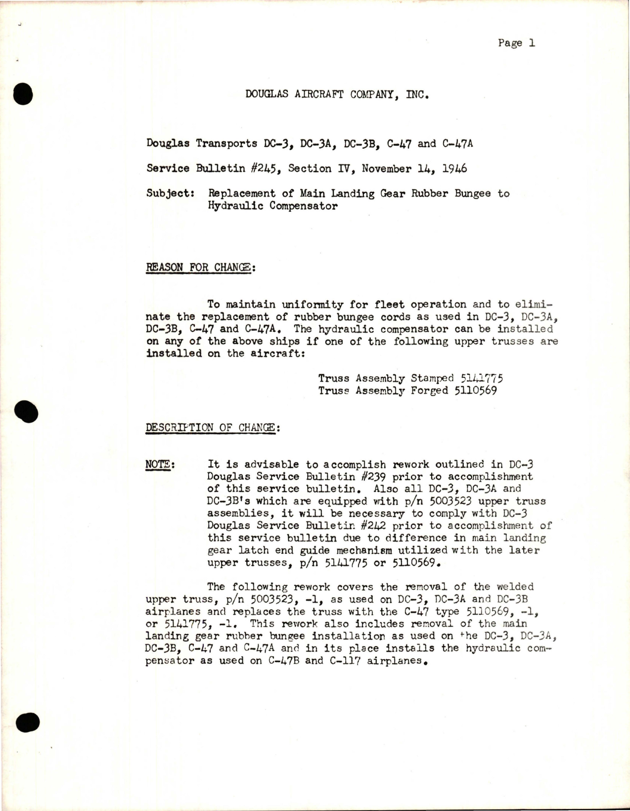 Sample page 1 from AirCorps Library document: Replacement of Main Landing Gear Rubber Bungee to Hydraulic Compensator