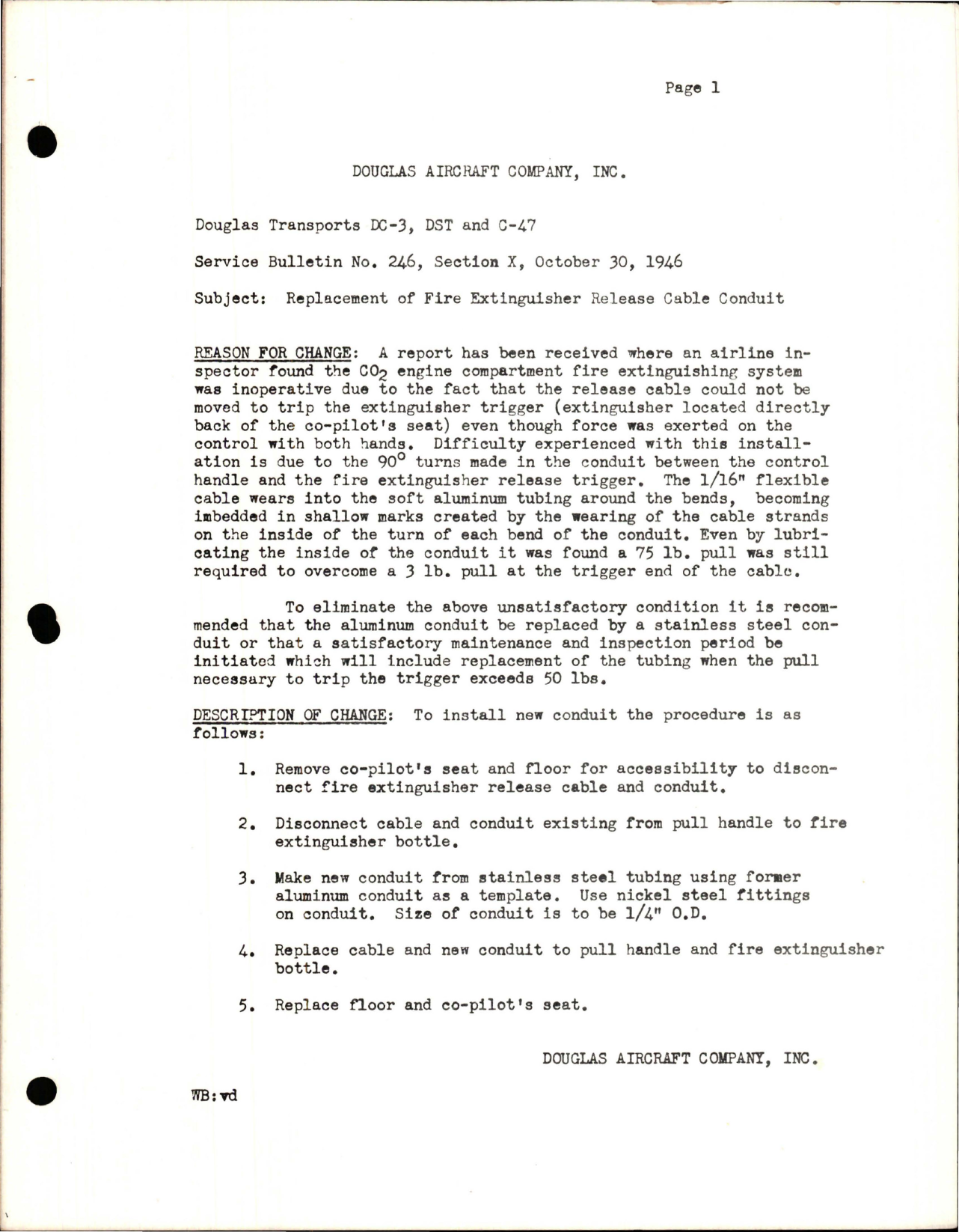 Sample page 1 from AirCorps Library document: Replacement of Fire Extinguisher Release Cable Conduit