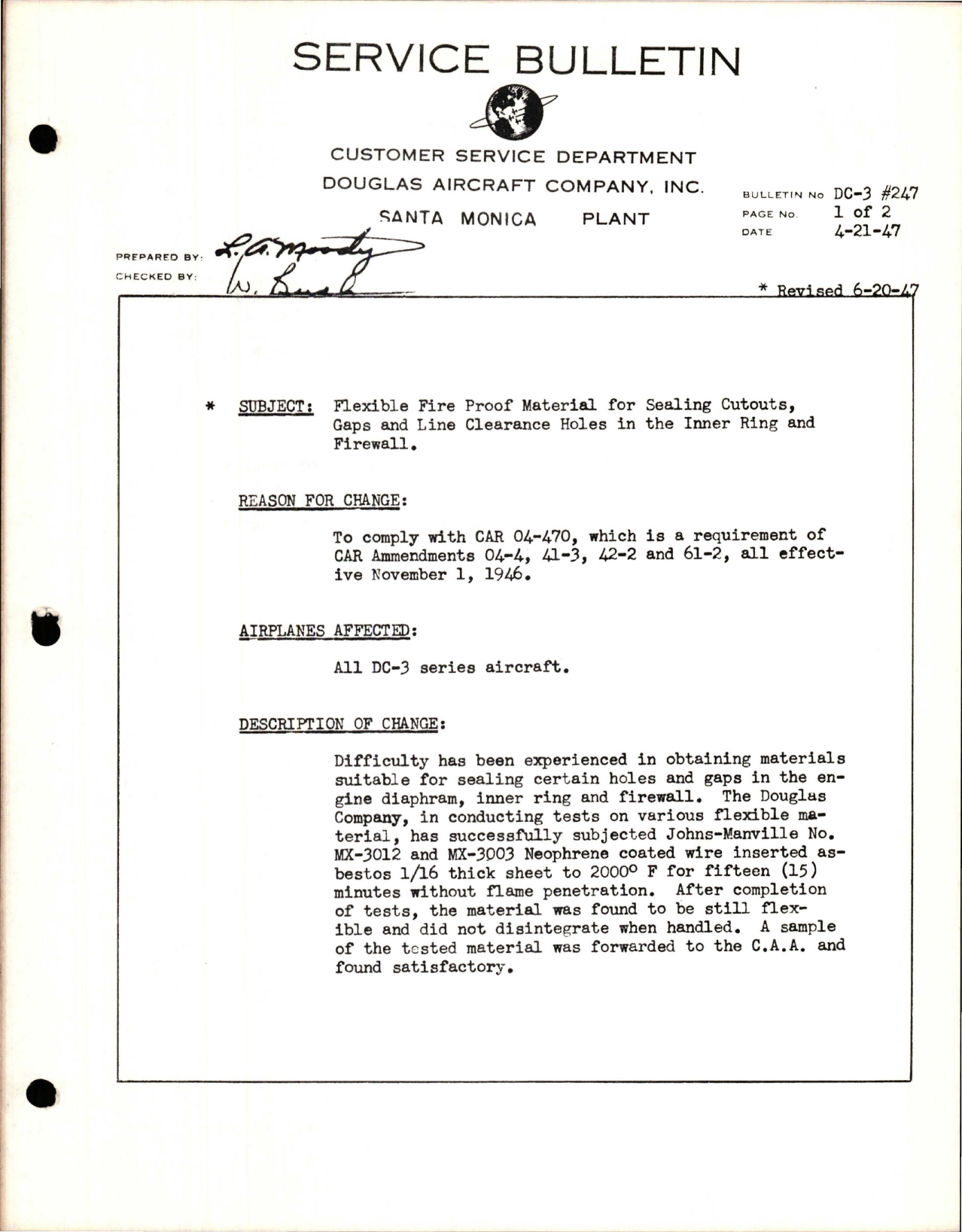 Sample page 1 from AirCorps Library document: Flexible Fire Proof Material for Sealing Cutouts, Gaps & Line Clearance Holes in the Inner Ring & Firewall