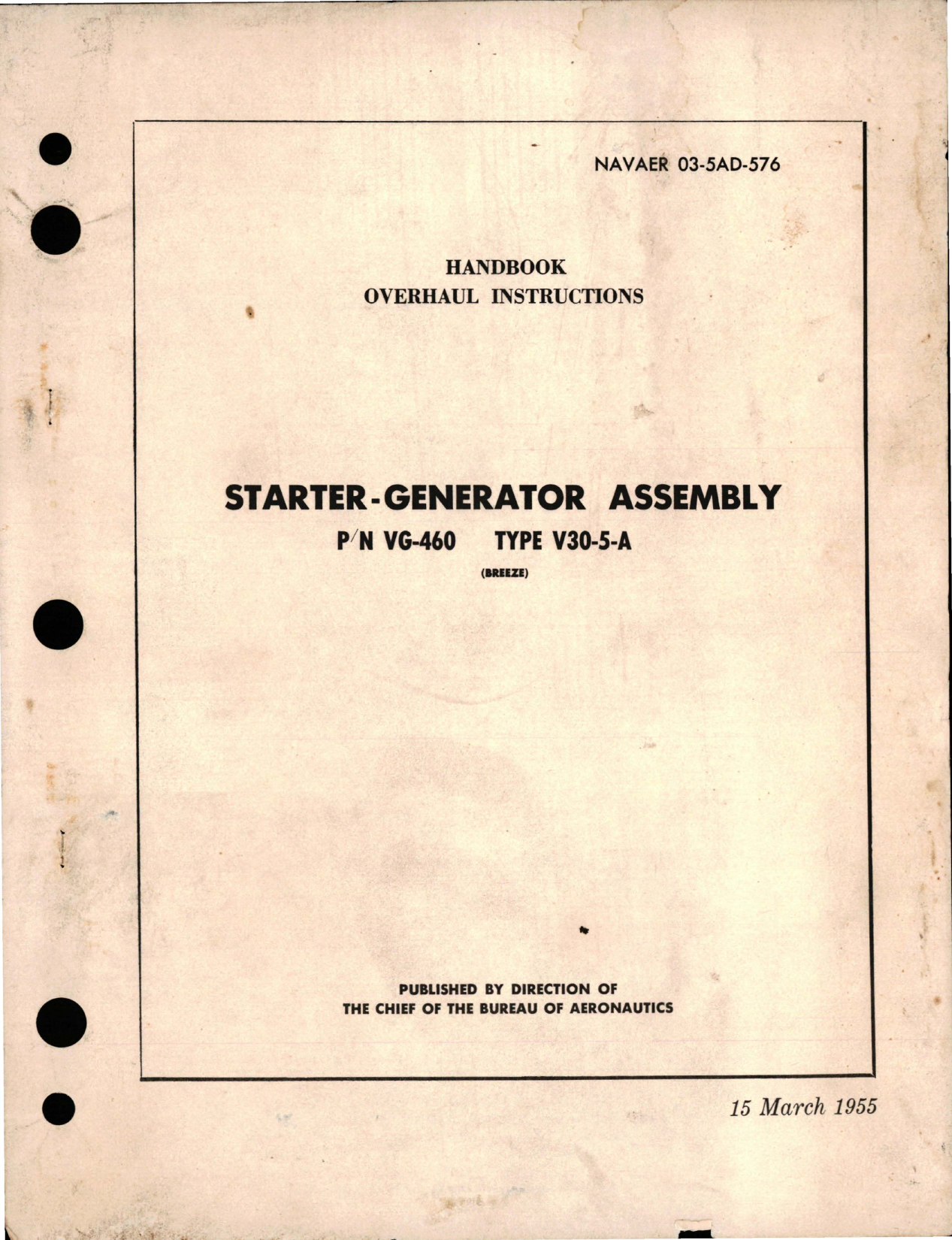 Sample page 1 from AirCorps Library document: Overhaul Instructions for Starter Generator Assembly - Part VG-460 - Type V30-5-A
