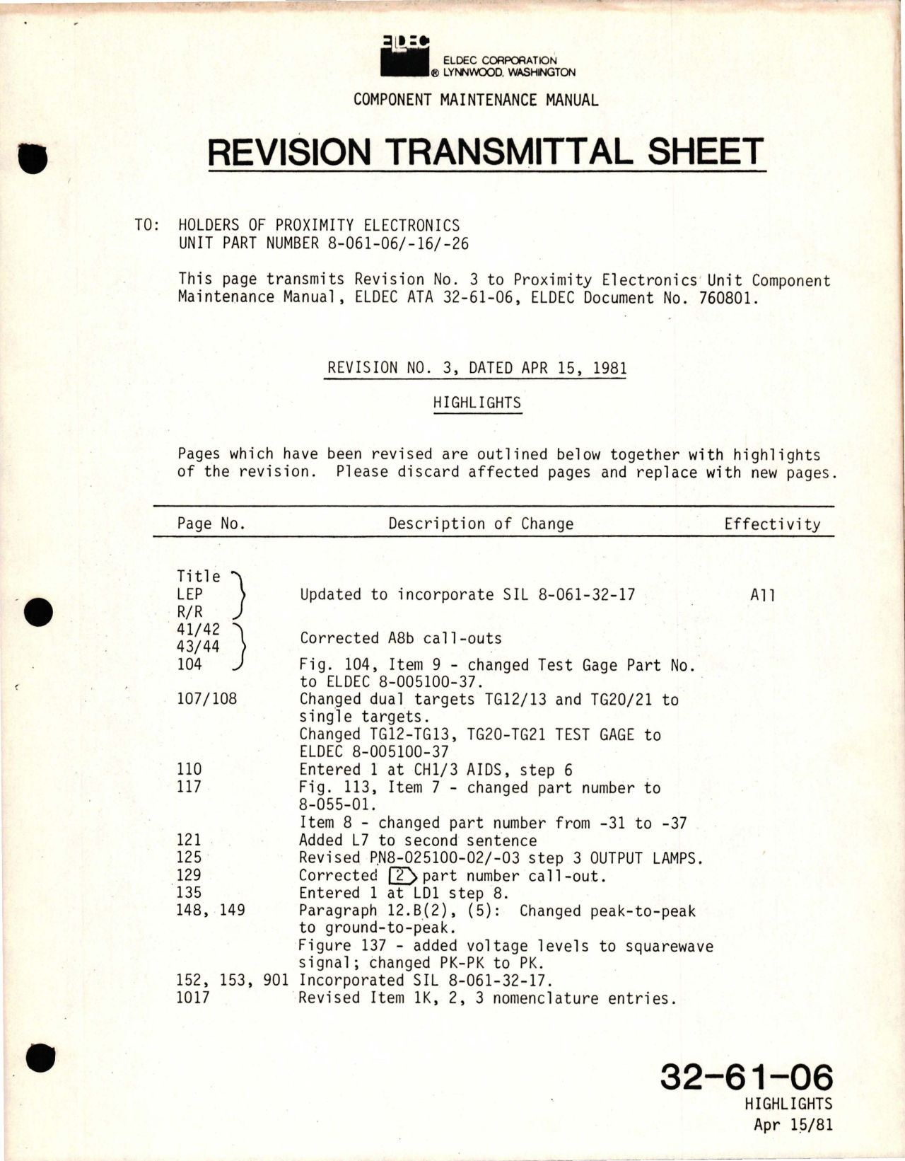 Sample page 7 from AirCorps Library document: Maintenance Manual with Illustrated Parts List for Proximity Electronics Unit - Parts 8-061-06, 8-061-16, and 8-061-26 