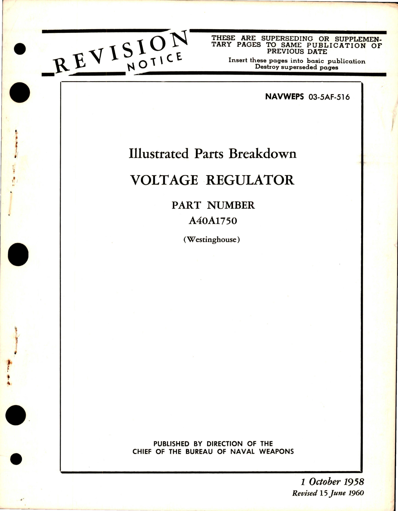 Sample page 1 from AirCorps Library document: Illustrated Parts Breakdown for Voltage Regulator - Part A40A1750