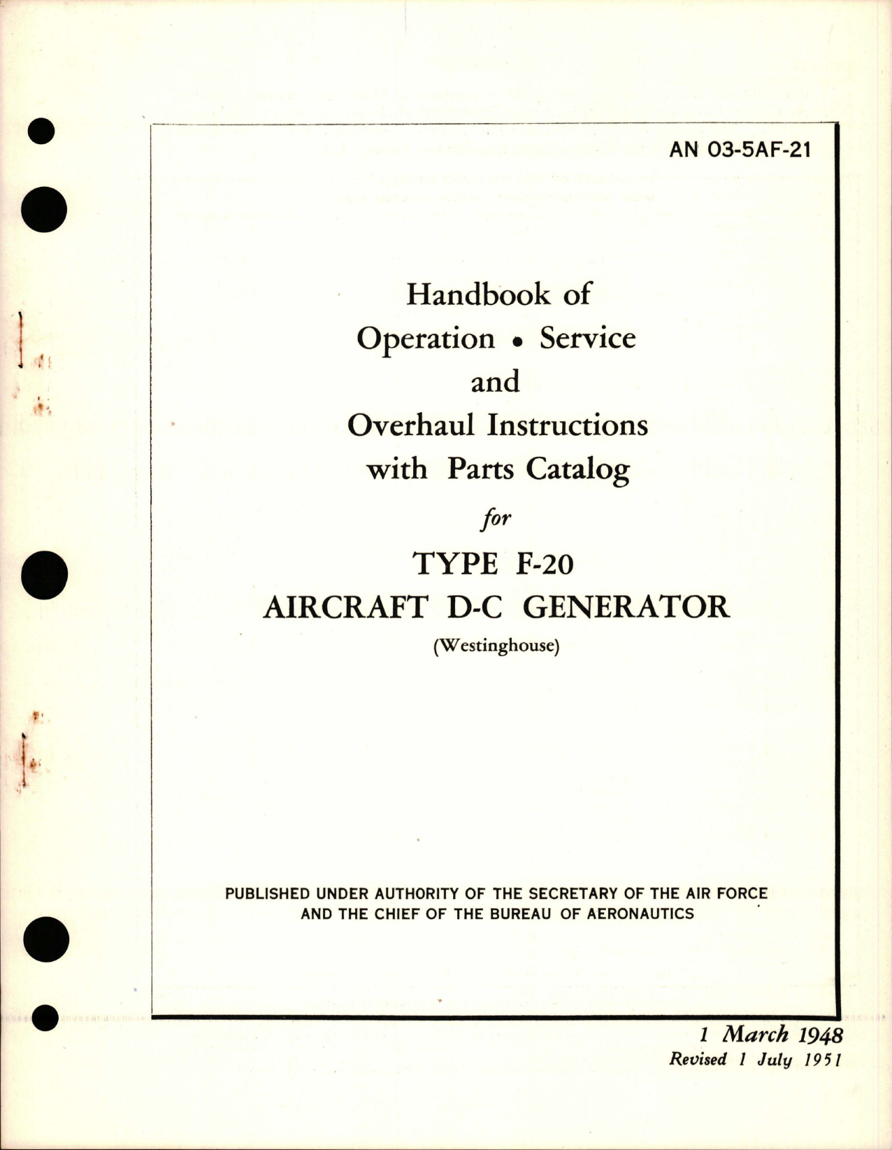 Sample page 1 from AirCorps Library document: Operation, Service and Overhaul Instructions with Parts Catalog for DC Generator Type F-20 