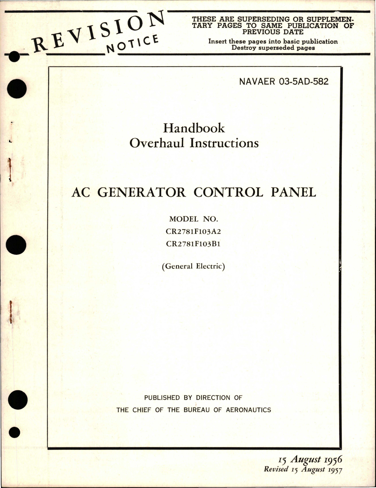Sample page 1 from AirCorps Library document: Overhaul Instructions for AC Generator Control Panel - Model CR2781F103A2 and CR2781F103B1