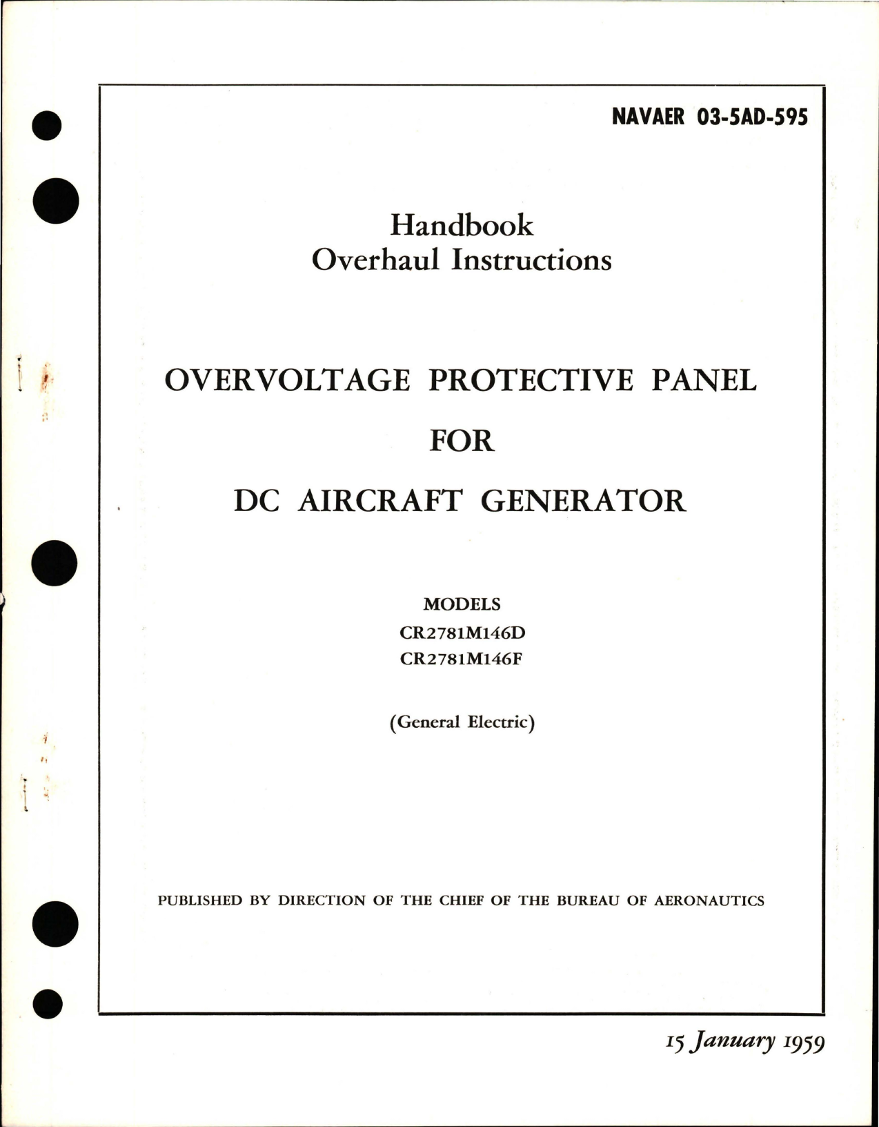 Sample page 1 from AirCorps Library document: Overhaul Instructions for Overvoltage Protective Panel for DC Generator - Models CR2781M146D and CR2781M146F 