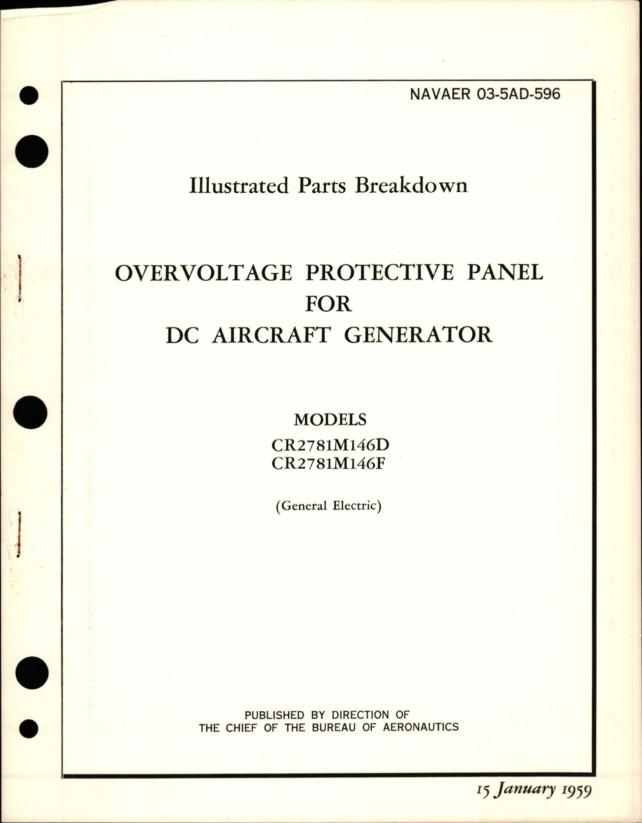 Sample page 1 from AirCorps Library document: Illustrated Parts Breakdown for Overvoltage Protective Panel for DC Generator - Models CR2781M146D and CR2781M146F
