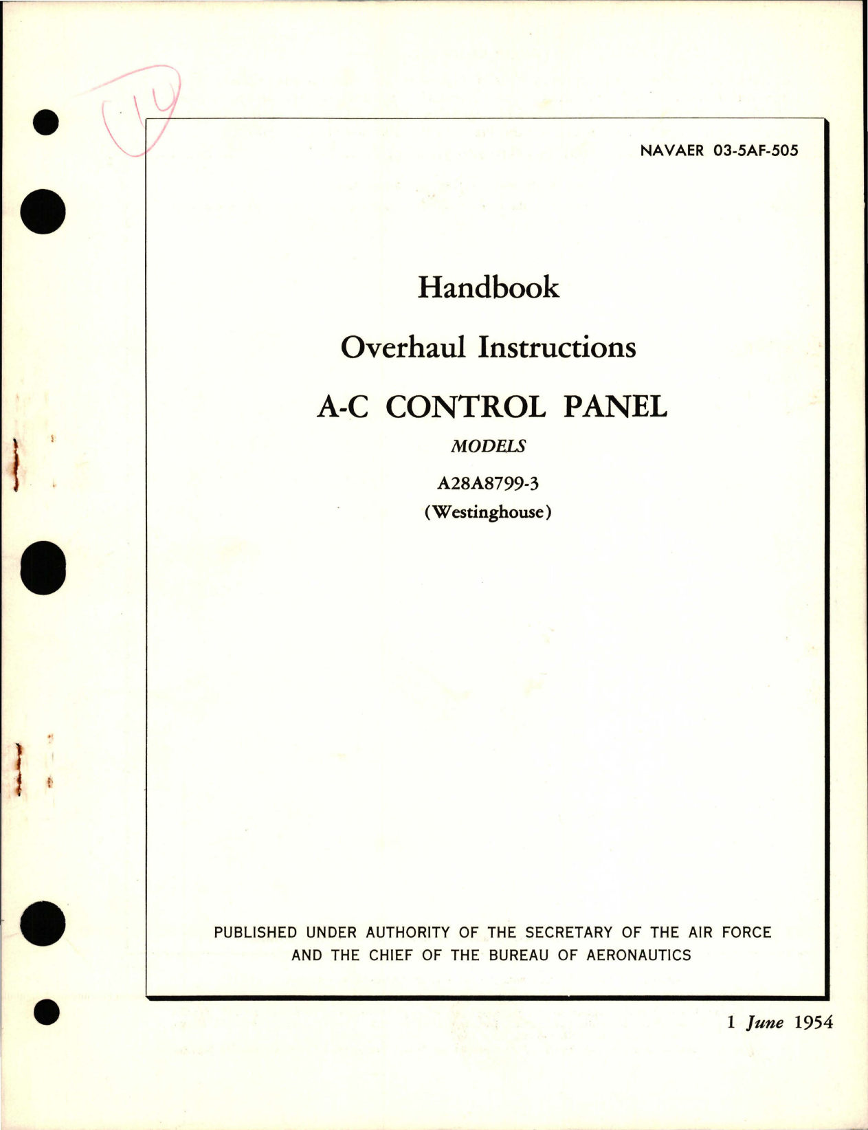 Sample page 1 from AirCorps Library document: Overhaul Instructions for AC Control Panel - Model A28A8799-3