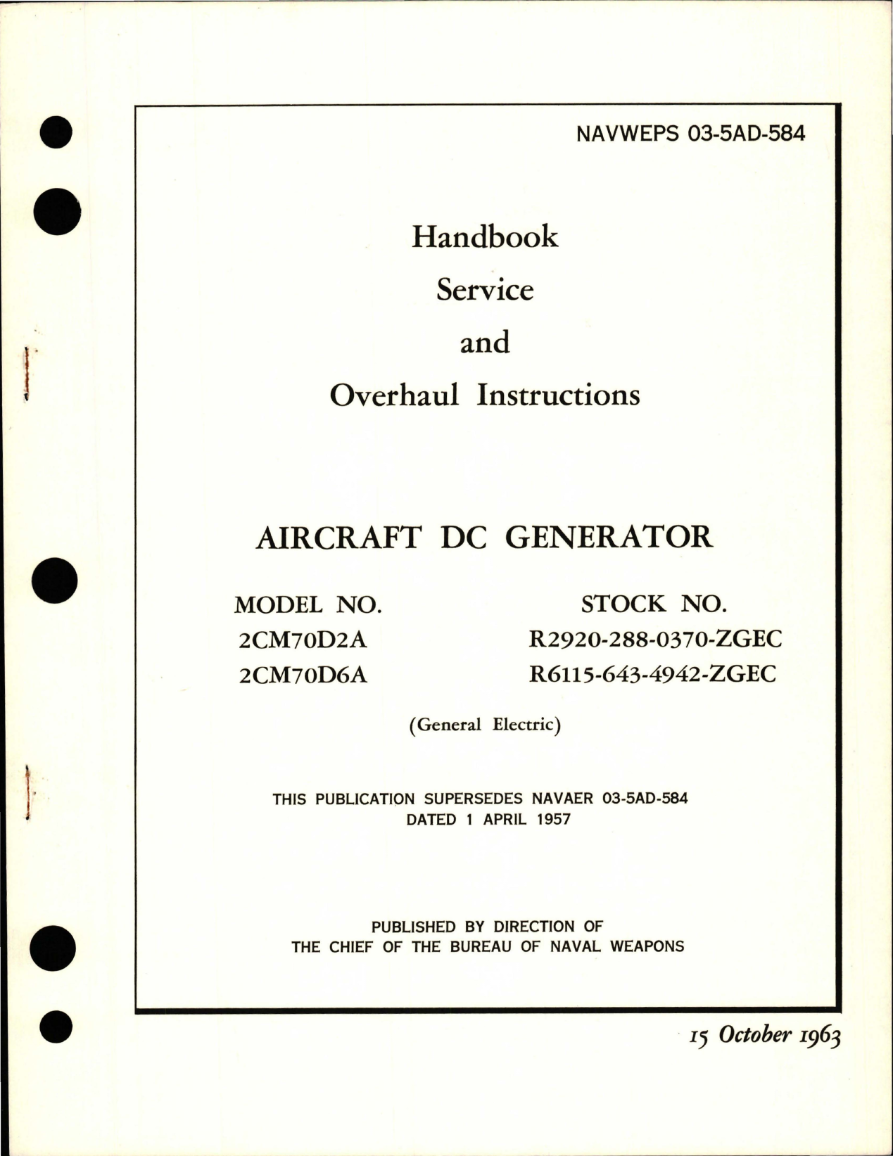 Sample page 1 from AirCorps Library document: Service and Overhaul Instructions for Aircraft DC Generator - Model 2CM70D2A and 2CM70D6A