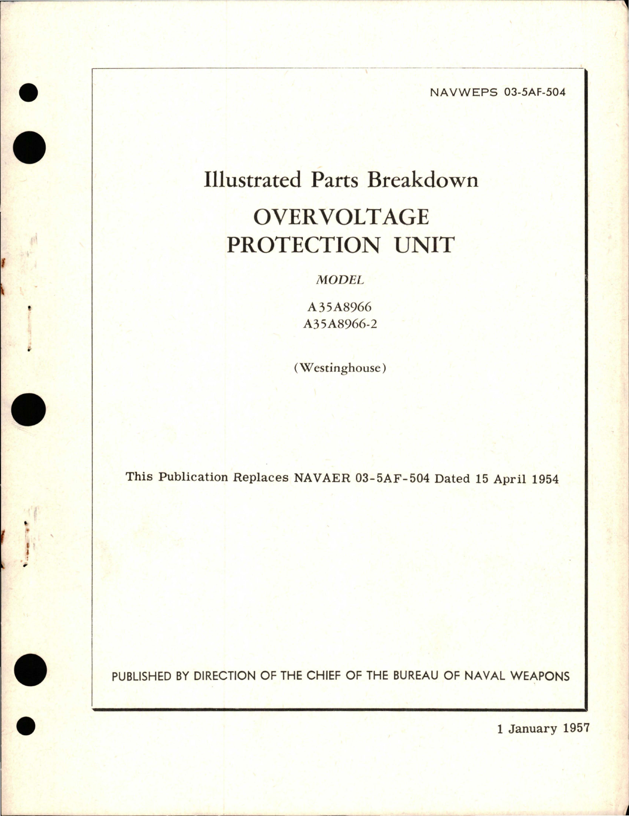 Sample page 1 from AirCorps Library document: Illustrated Parts Breakdown for Overvoltage Protection Unit - Model A35A8966 and A35A8966-2 