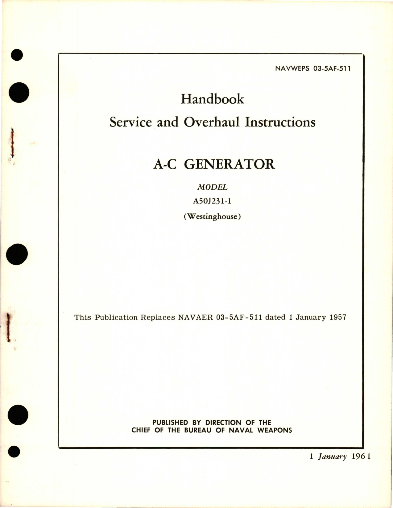 Sample page 1 from AirCorps Library document: Service and Overhaul Instructions for AC Generator - Model A50J231-1