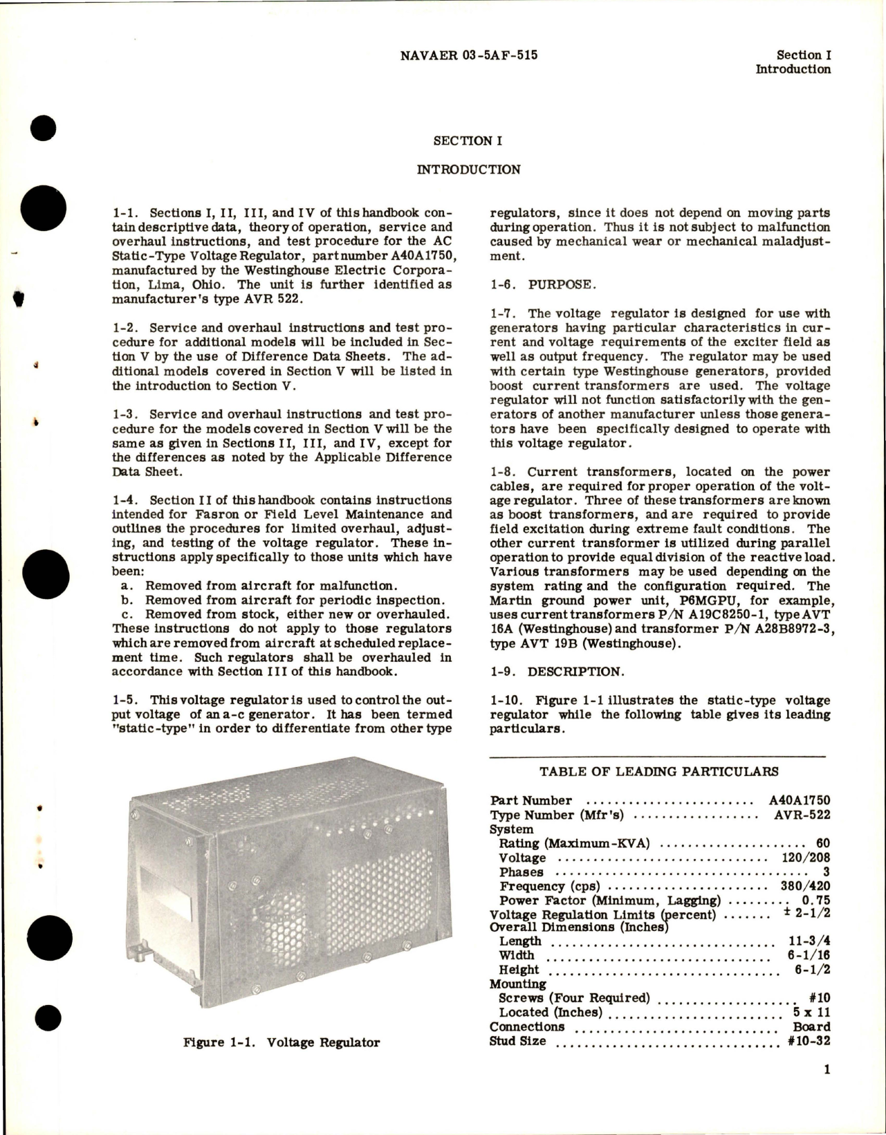 Sample page 5 from AirCorps Library document: Operation, Service and Overhaul Instructions for Voltage Regulator - Static Type - Part A40A1750