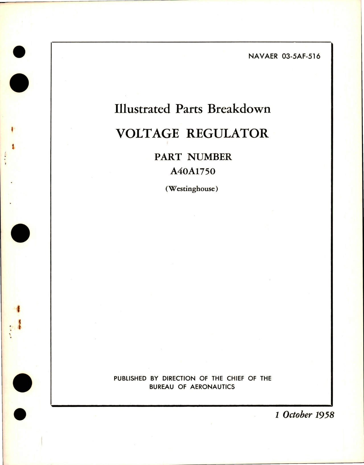 Sample page 1 from AirCorps Library document: Illustrated Parts Breakdown for Voltage Regulator - Part A40A1750