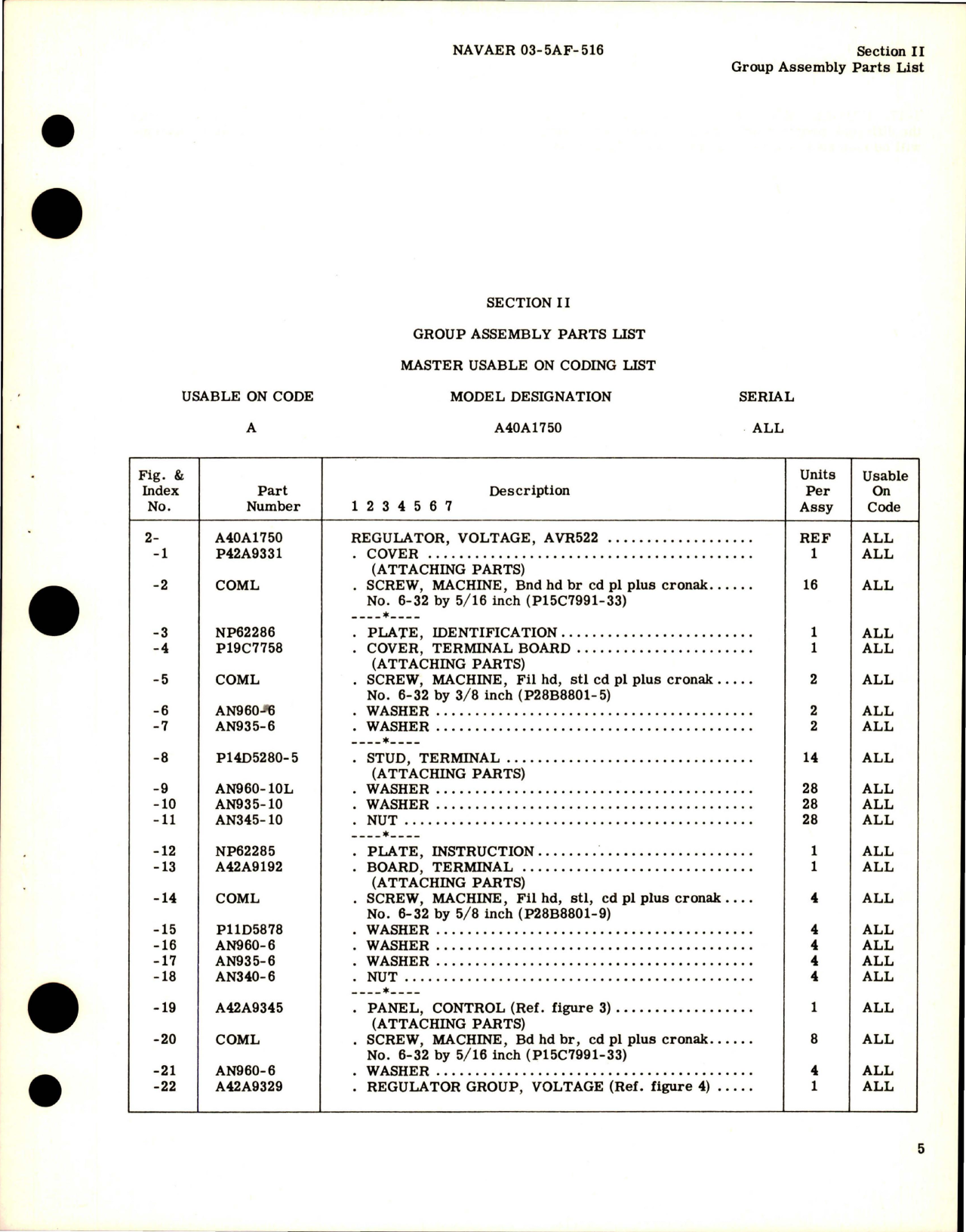 Sample page 7 from AirCorps Library document: Illustrated Parts Breakdown for Voltage Regulator - Part A40A1750