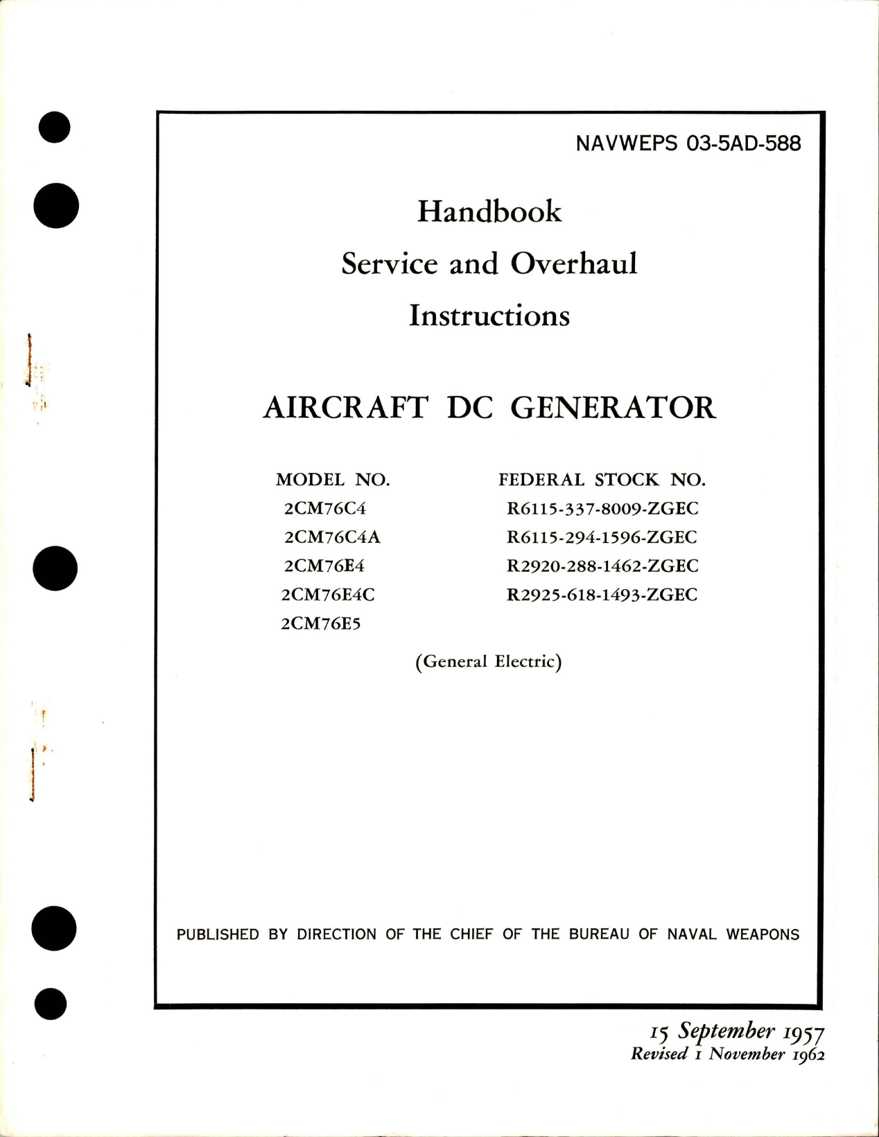 Sample page 1 from AirCorps Library document: Service and Overhaul Instructions for DC Generator 