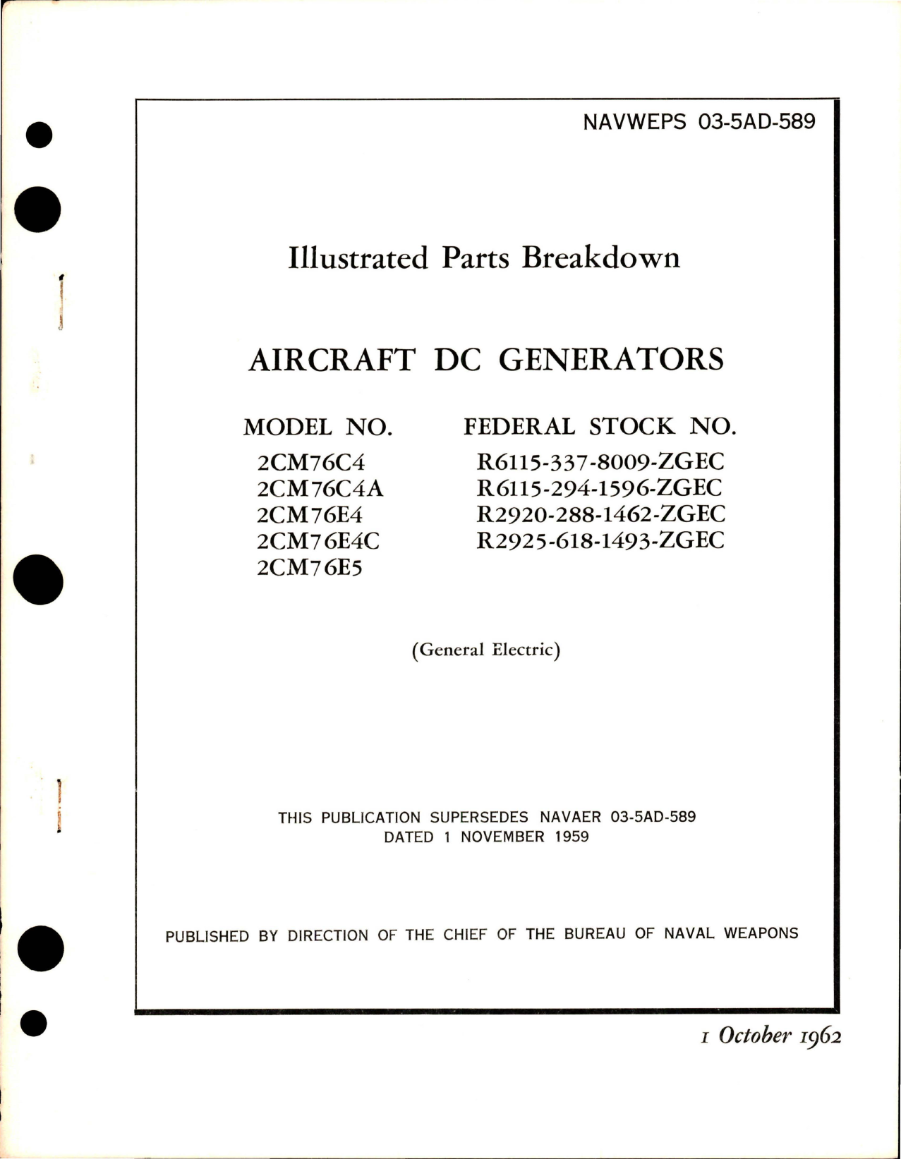 Sample page 1 from AirCorps Library document: Illustrated Parts Breakdown for DC Generators - Models 2CM76C4, 2CM76C4A, 2CM76E4, 2CM76E4C, 2CM76E5