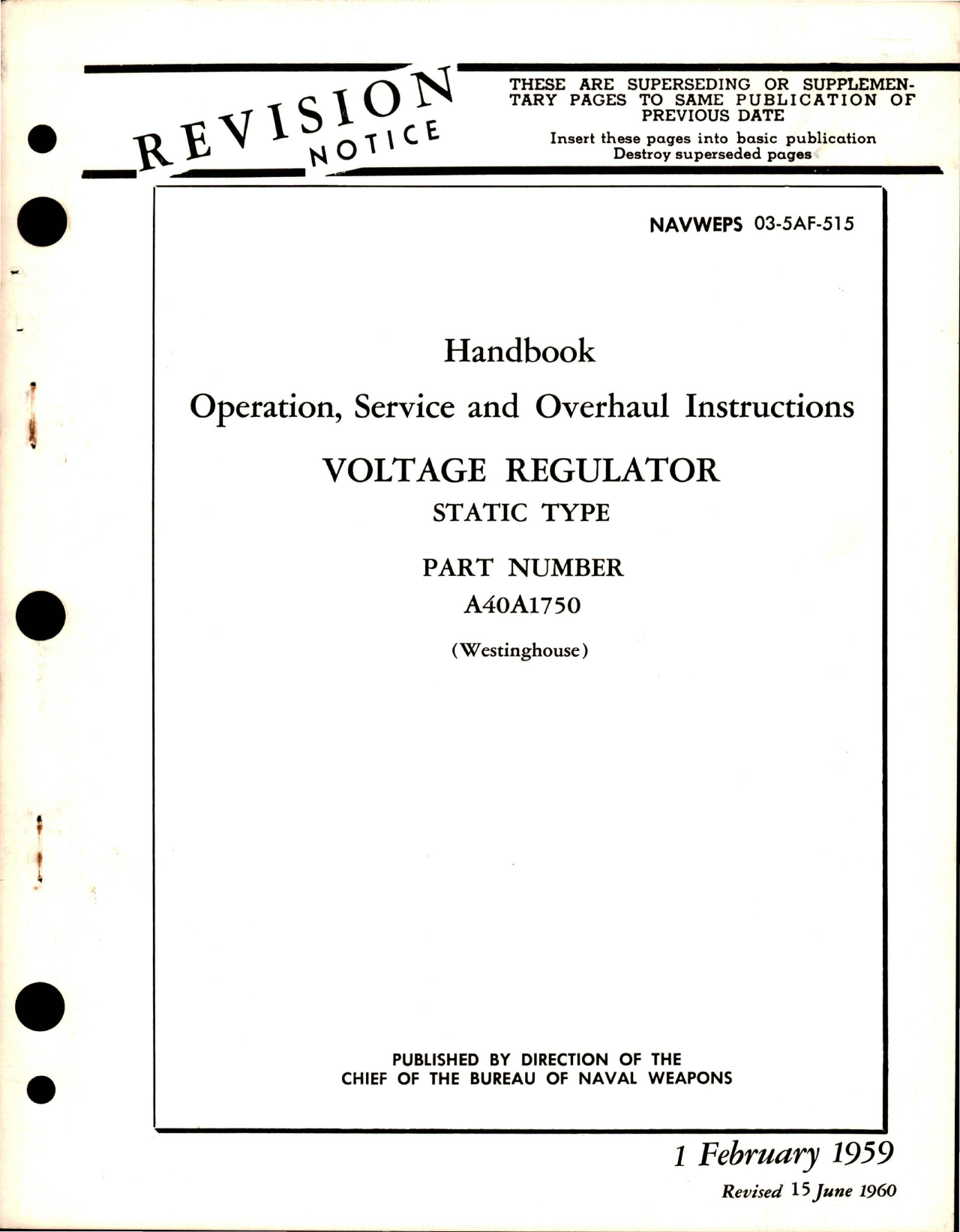 Sample page 1 from AirCorps Library document: Operation, Service and Overhaul Instructions for Voltage Regulator Static Type - Part A40A1750