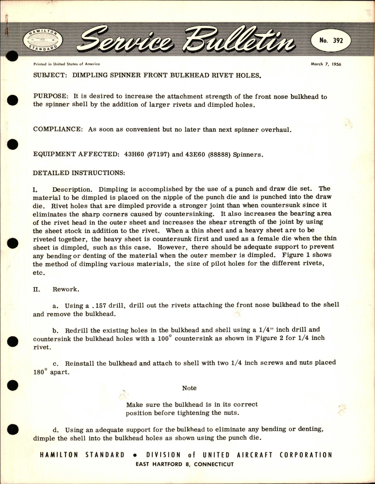 Sample page 1 from AirCorps Library document: Dimpling Spinner Front Bulkhead Rivet Holes