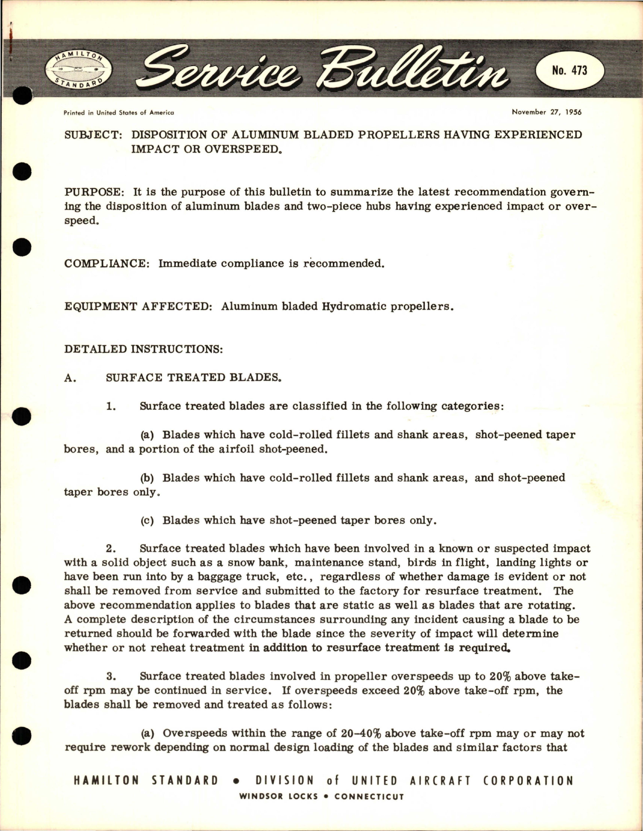 Sample page 1 from AirCorps Library document: Disposition of Aluminum Bladed Propellers having Experienced Impact or Overspeed