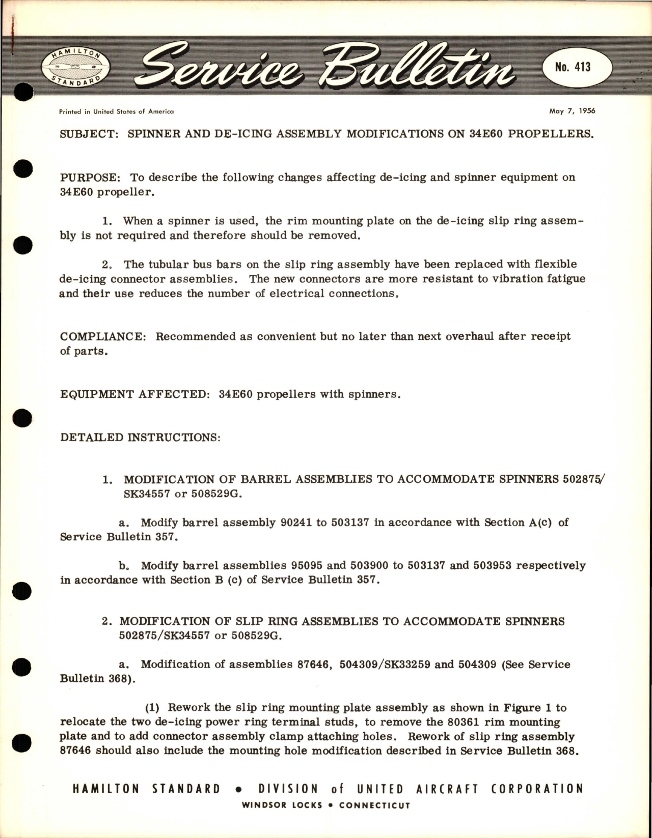 Sample page 1 from AirCorps Library document: Spinner and De-Icing Assembly Modifications on 34E60 Propellers