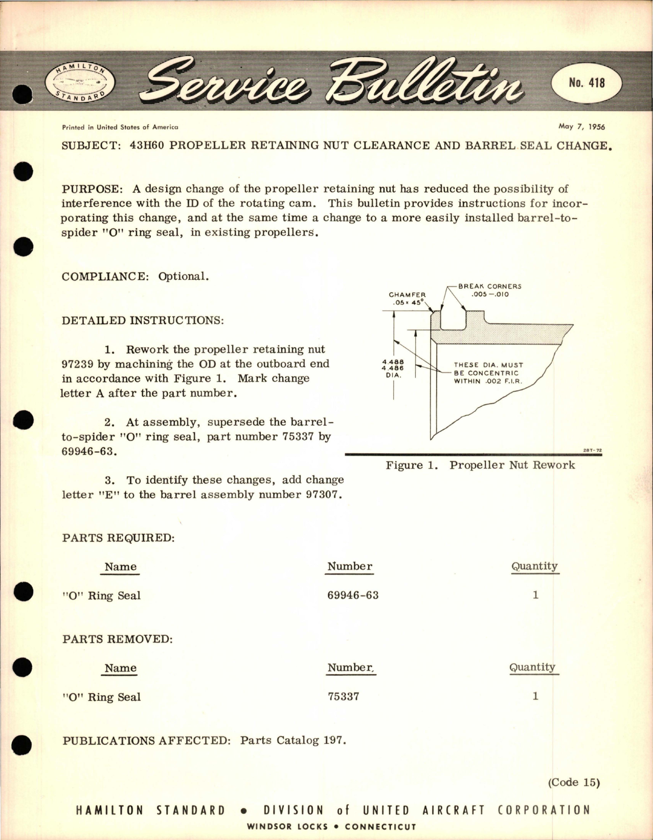 Sample page 1 from AirCorps Library document: 43H60 Propeller Retaining Nut Clearance and Barrel Seal Change