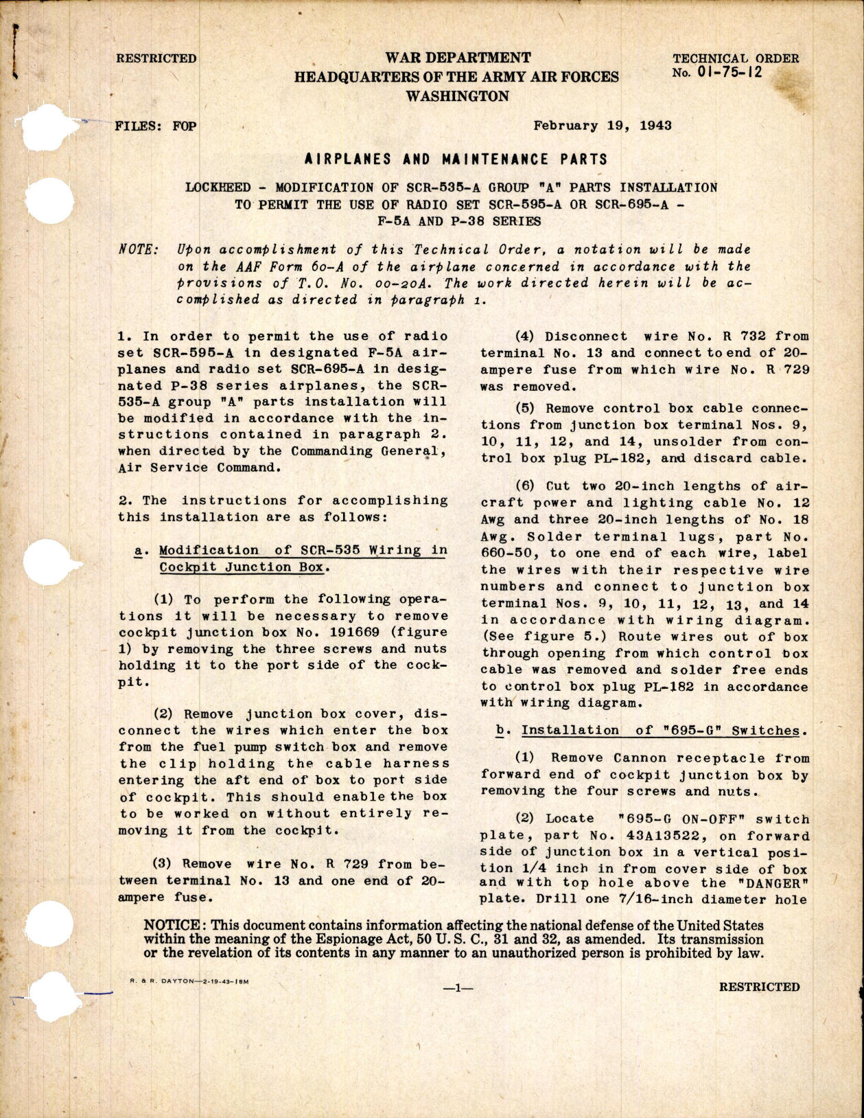 Sample page 1 from AirCorps Library document: Modification of SCR-535-A Group A Parts Installation to Permit Use of  Radio Set SCR-595-A or -695-A for P-38 Series