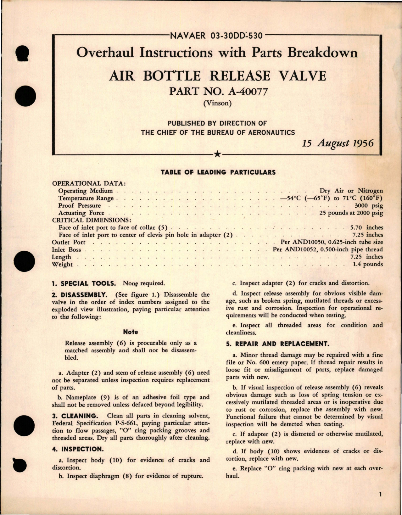 Sample page 1 from AirCorps Library document: Overhaul Instructions with Parts for Air Bottle Release Valve - Part A-40077 